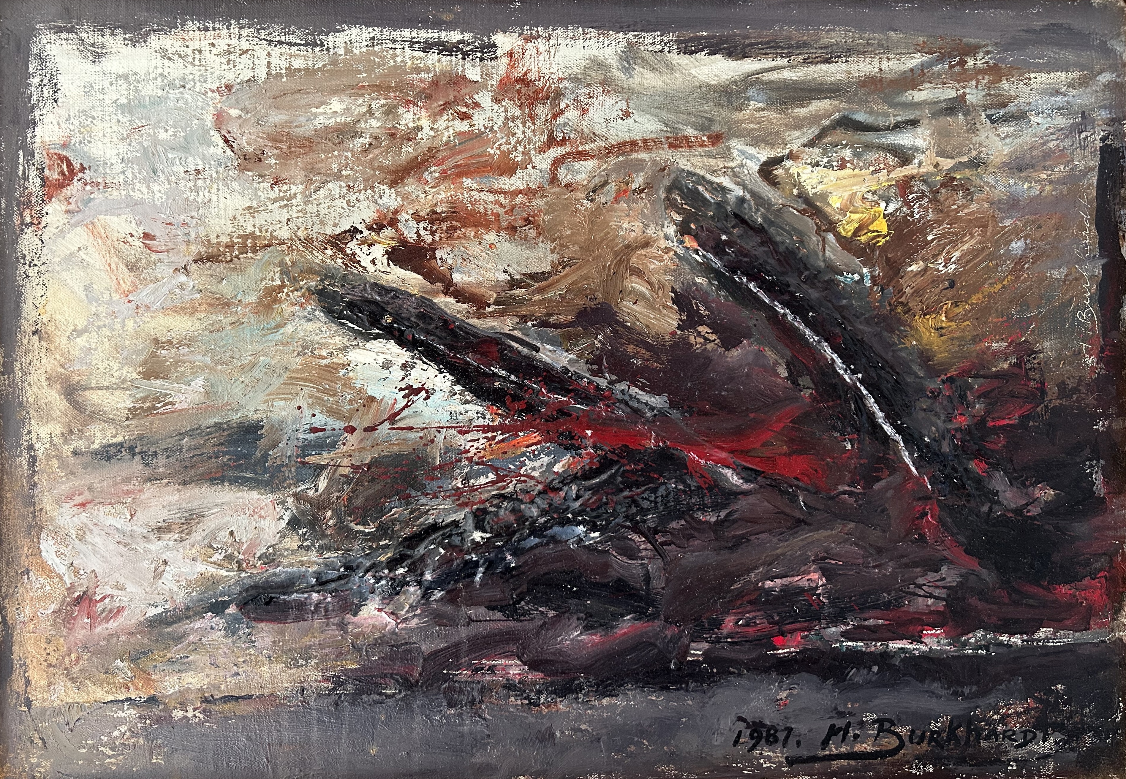 A painting of a black and red abstract painting on a gray background.