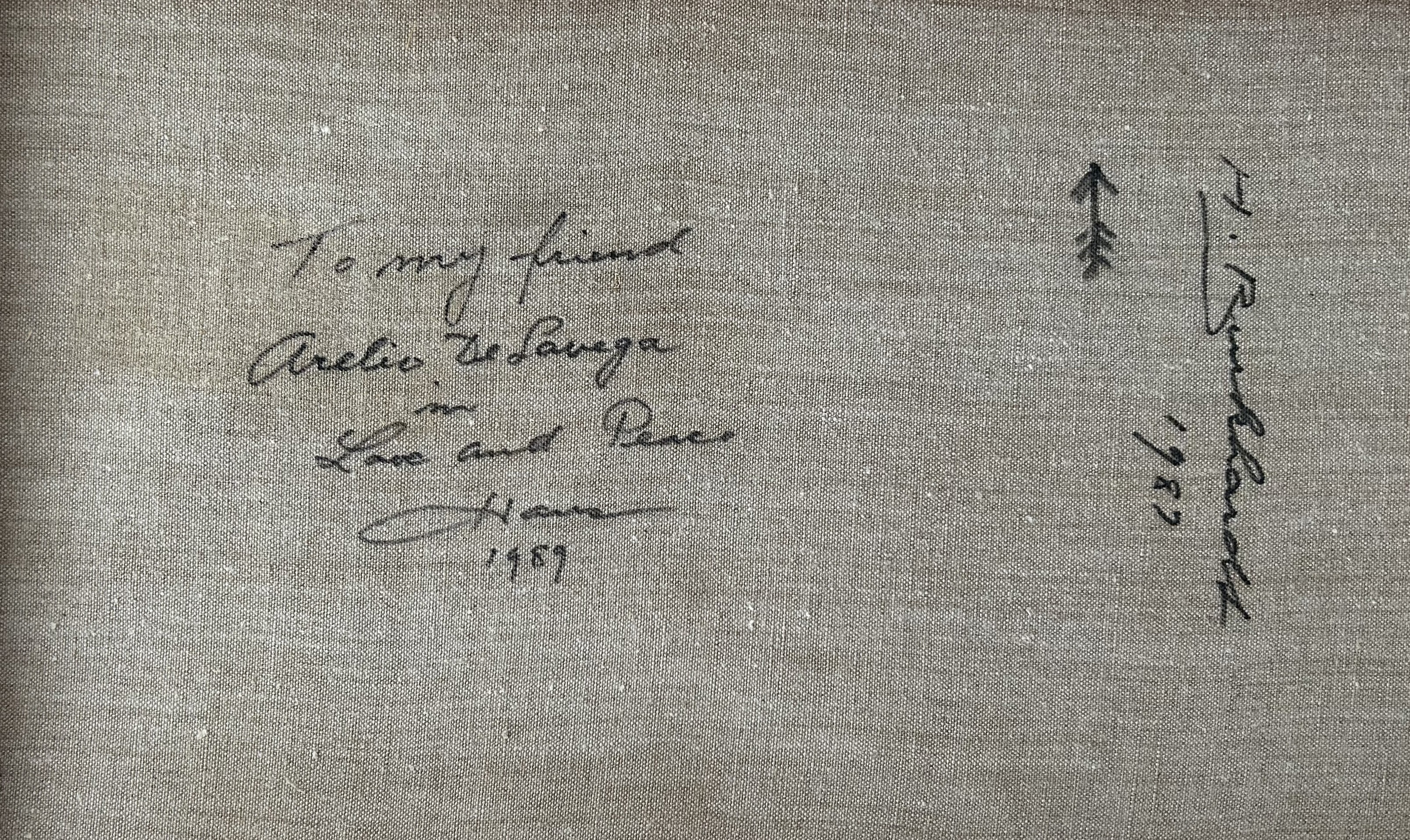 A painting of a black and red abstract painting on a gray background.