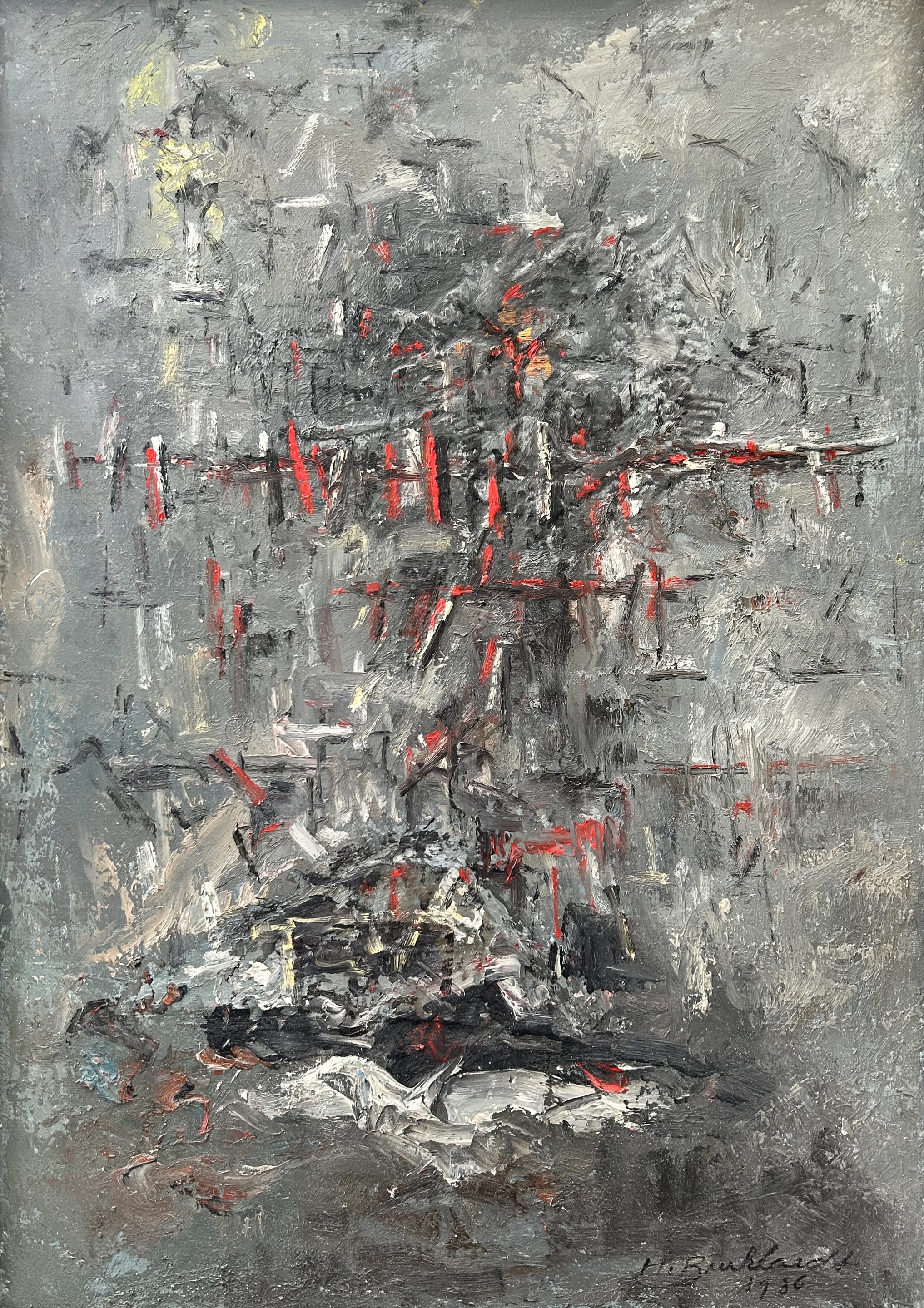 A painting with black and red paint on a gray background.