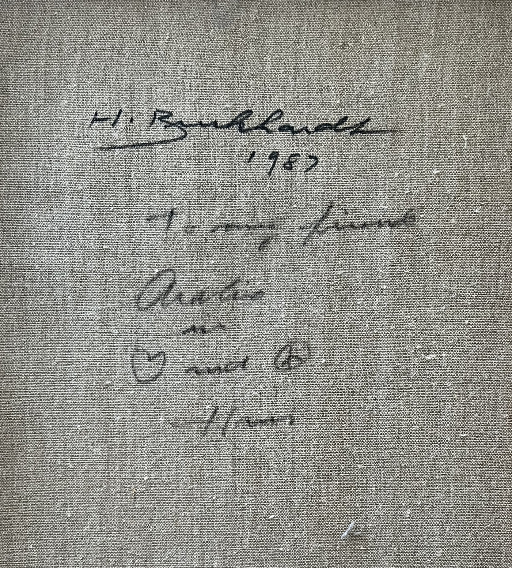 A painting with black and red paint on a gray background.