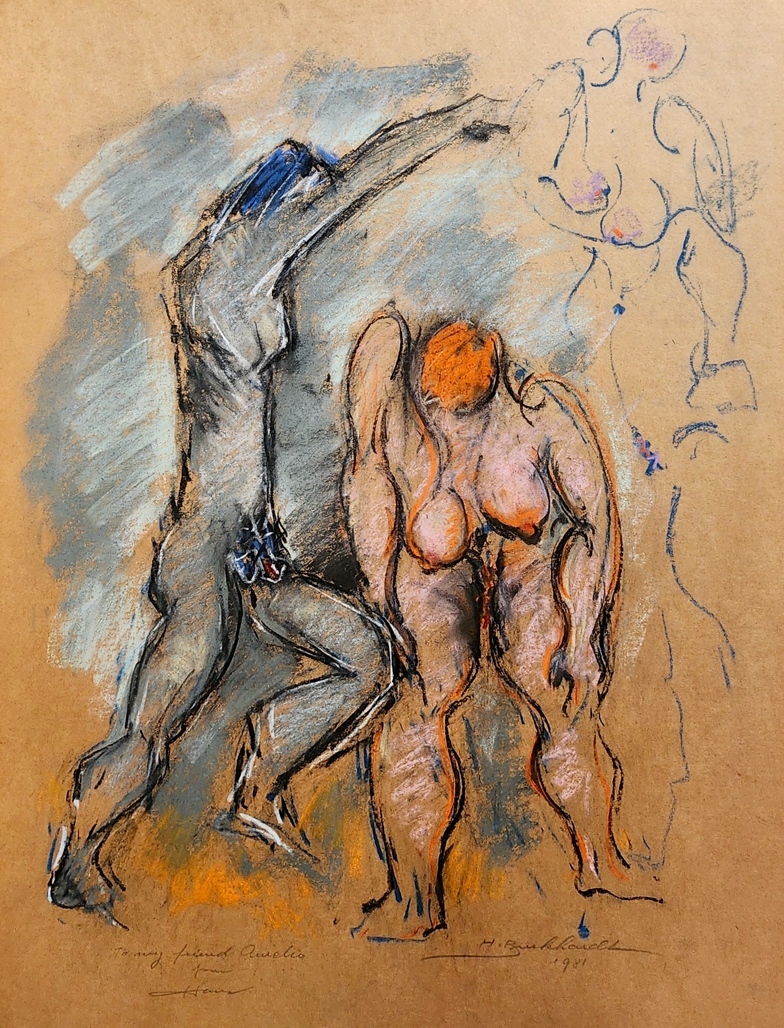 A drawing of a nude woman standing next to a man.