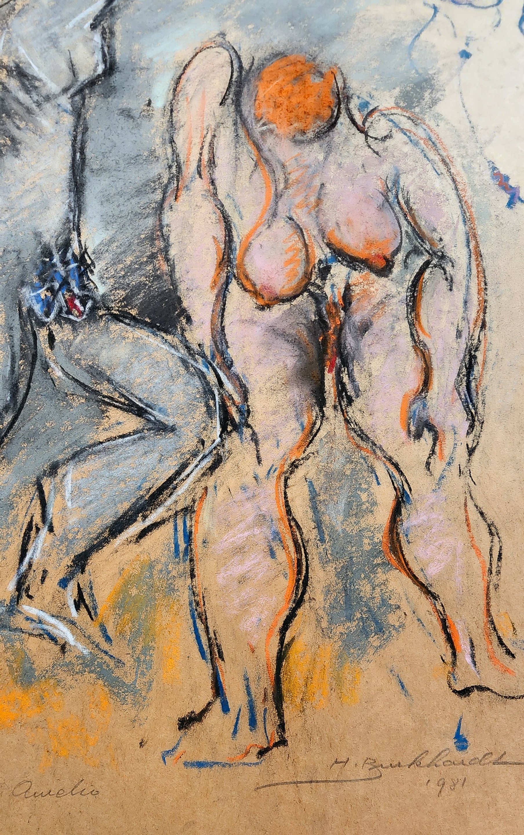 A drawing of a nude woman standing next to a man.
