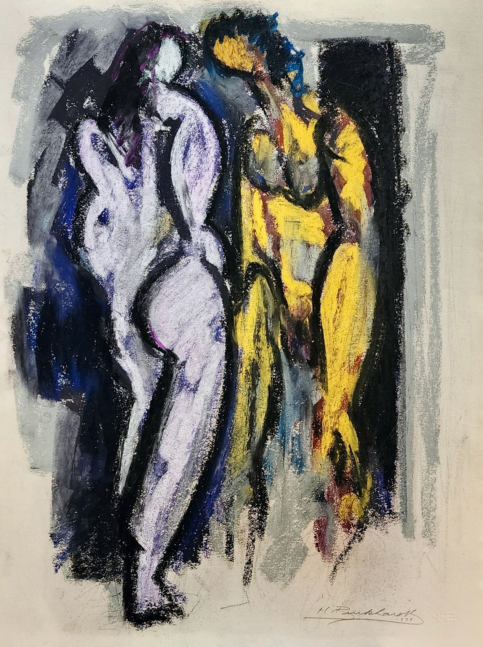 A painting of two nudes standing next to each other. 