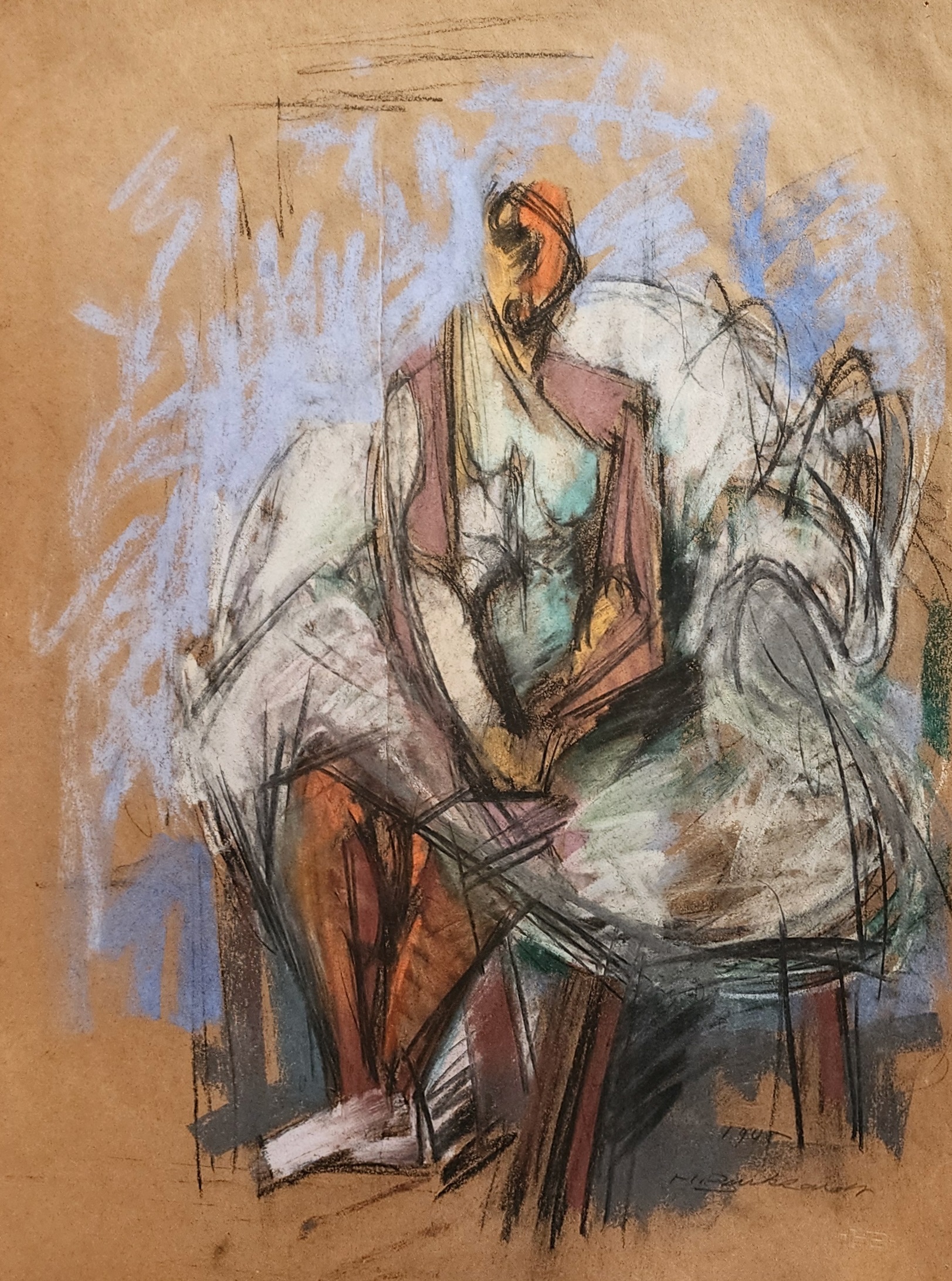 A drawing of a woman sitting on a chair.