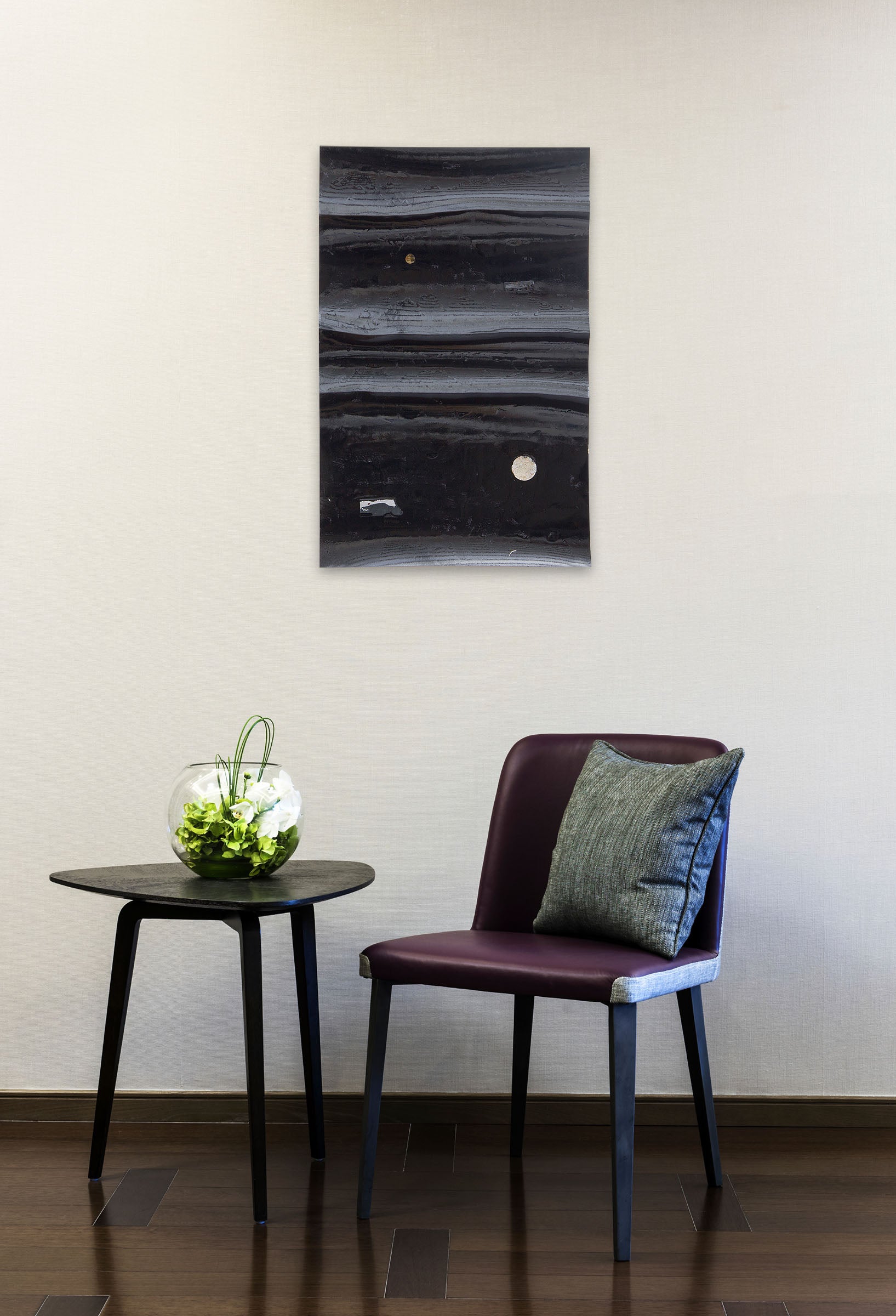 Artwork by Harald Kröner, Black River 26, Made of Resin varnish, collage on paper 