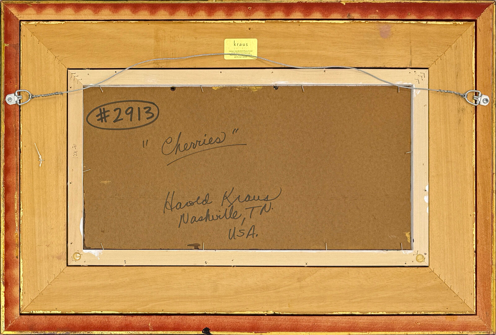 A painting of a branch of cherries on a purple background.