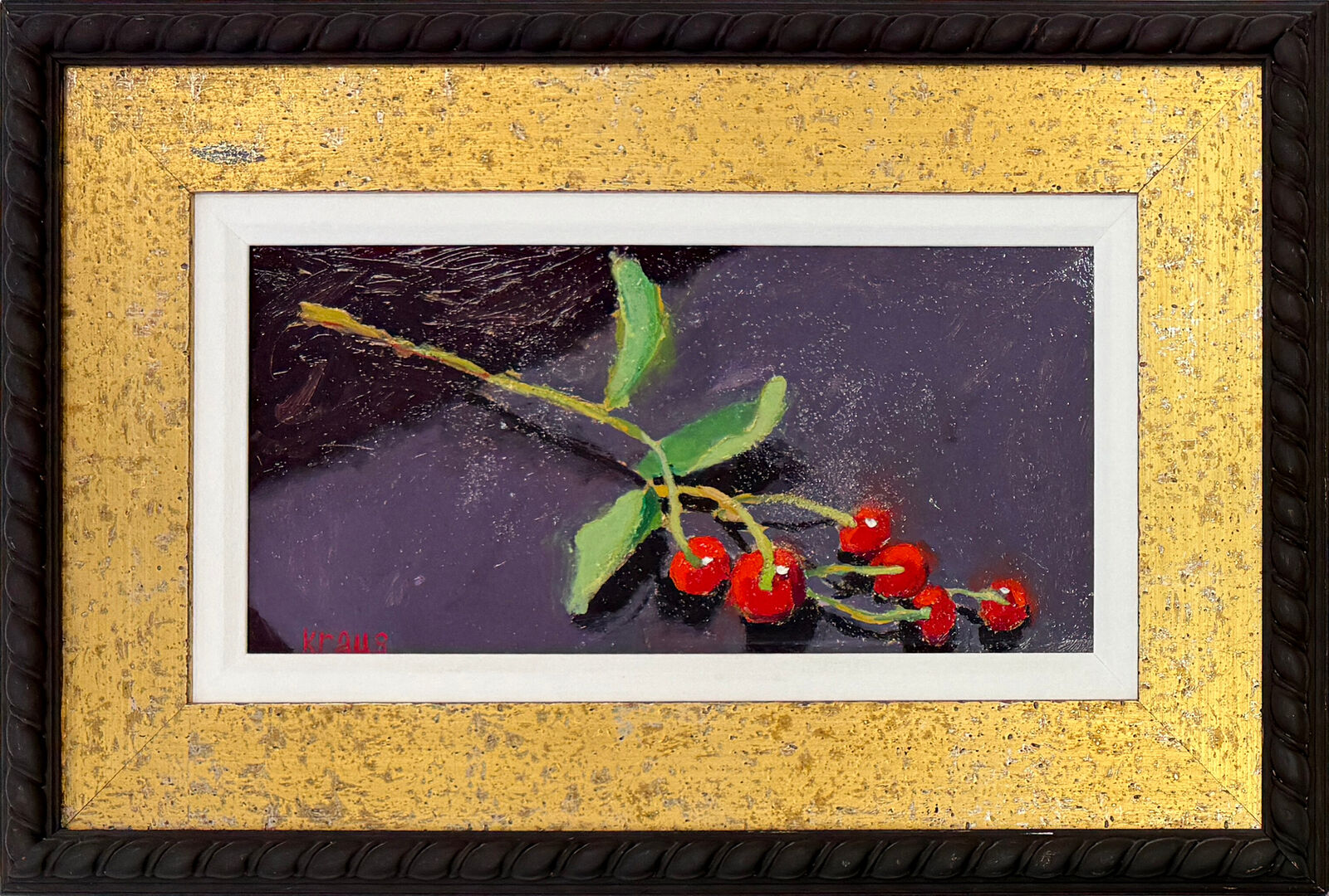 A painting of a branch of cherries on a purple background.