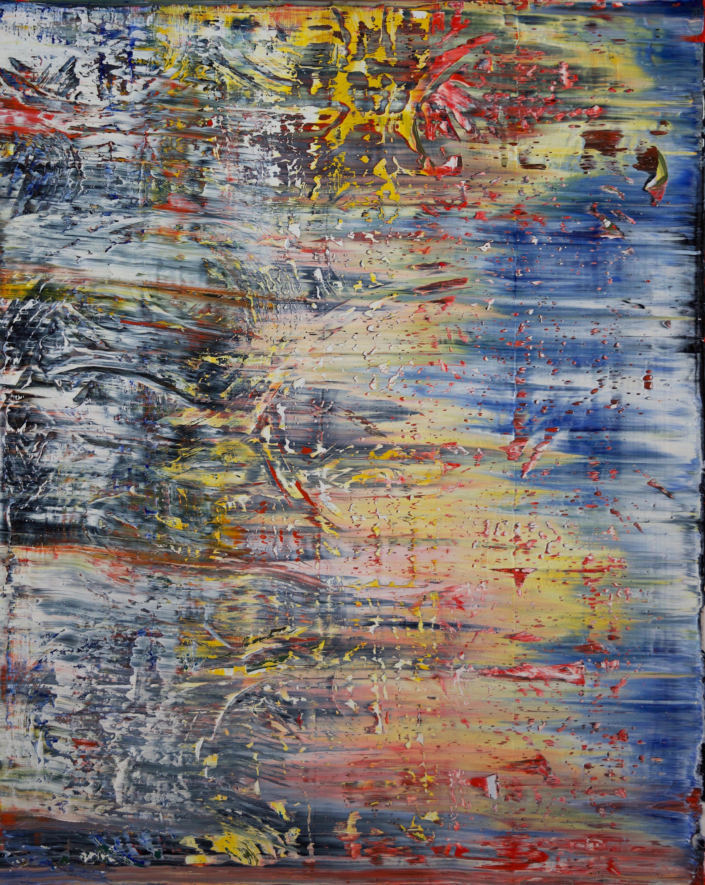 A painting with lots of paint splatters on it. 