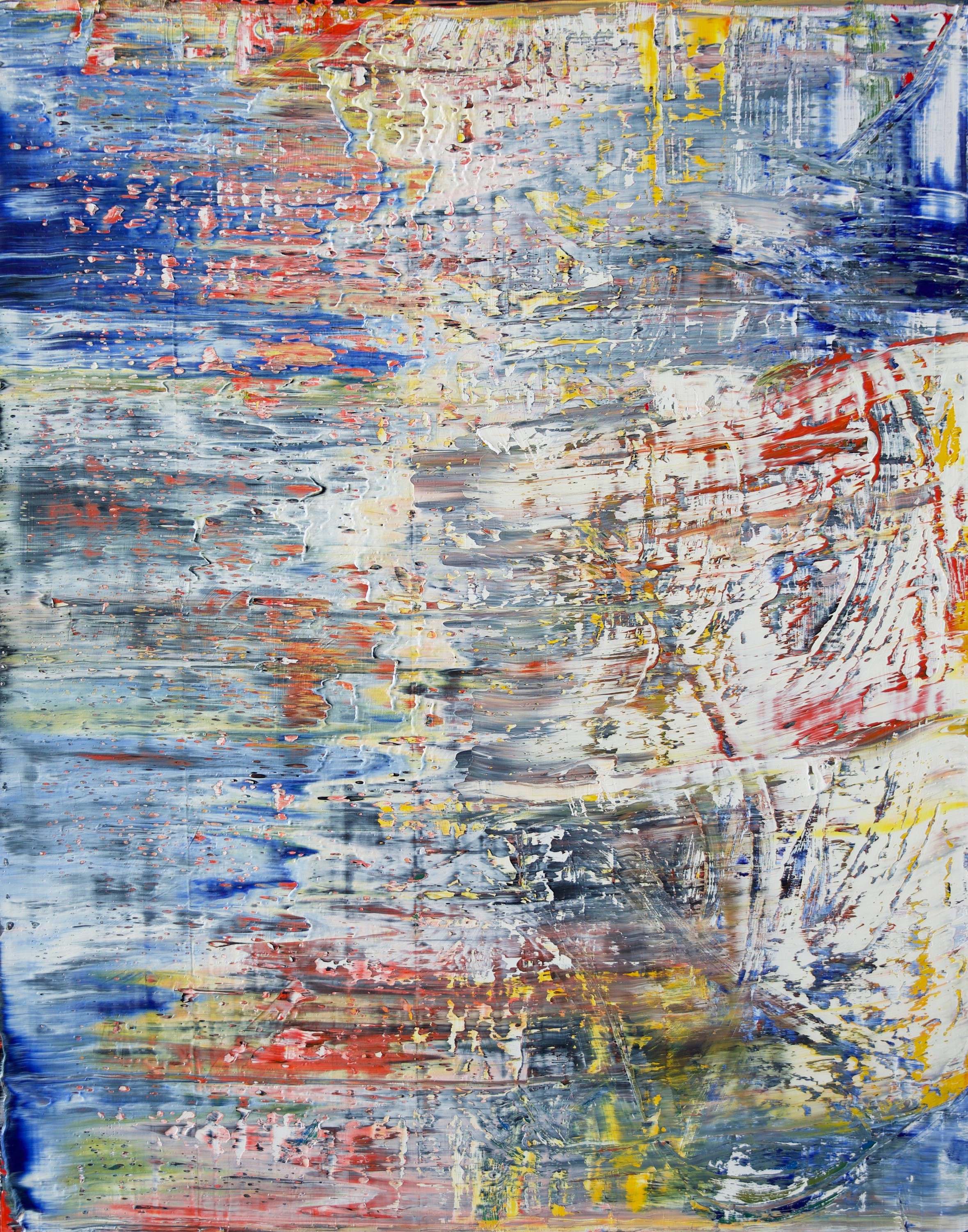 A painting of a boat in the ocean on a blue background.