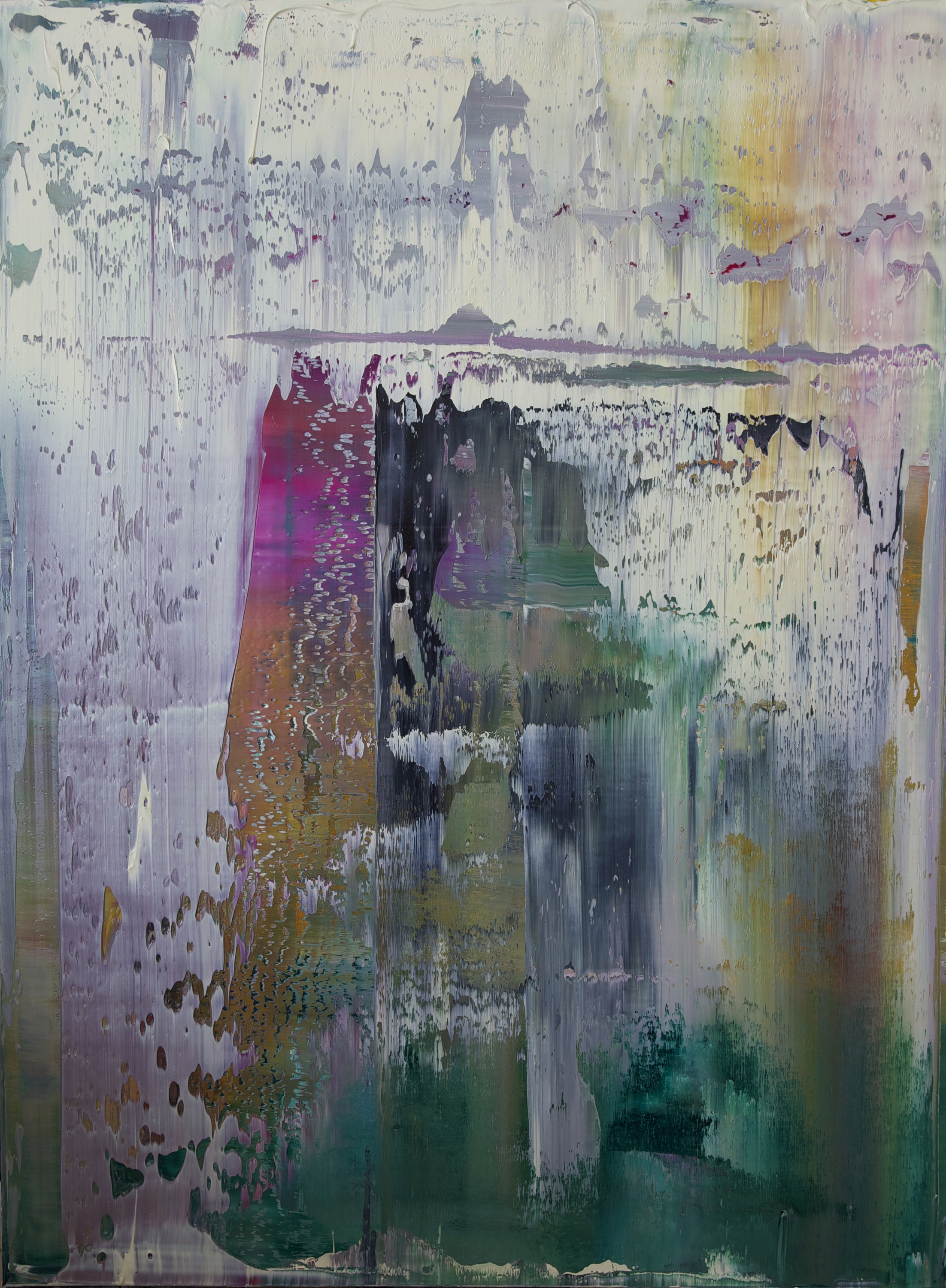 "A textured abstract painting featuring a central rectangular form surrounded by dripped paint and weathered layers."