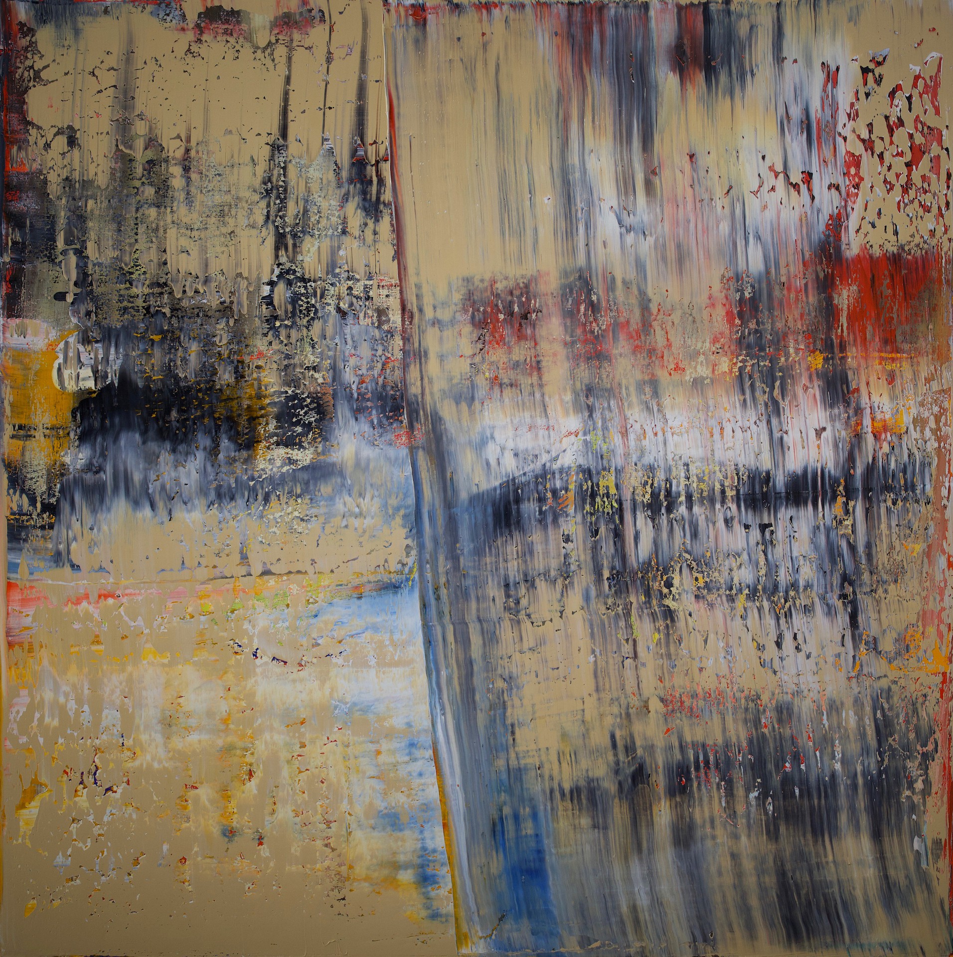 A large abstract painting with lots of paint on it.