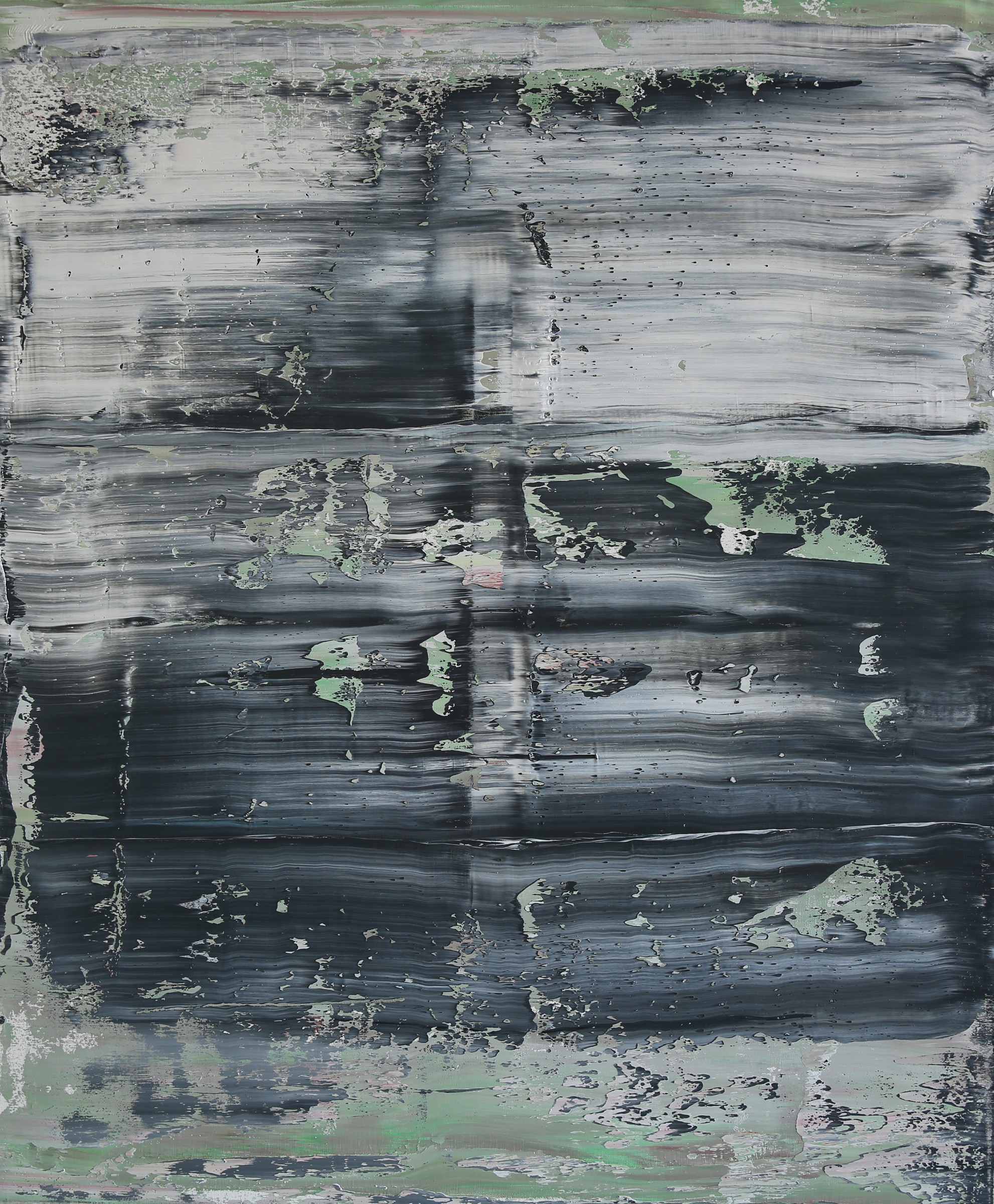 An abstract composition featuring horizontal bands of dark paint with patches of green and white texture.