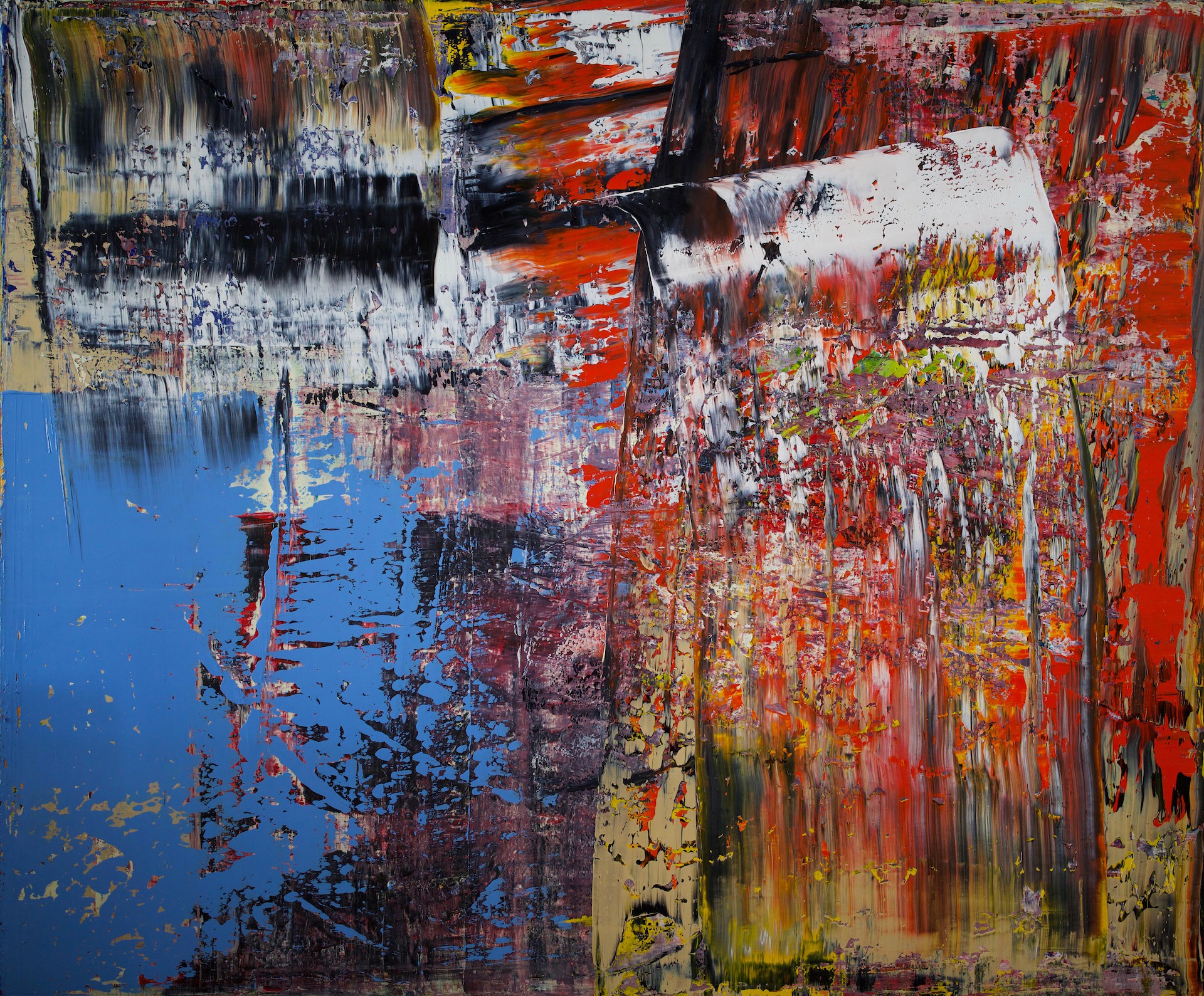 A large abstract painting with lots of different colors and shapes.