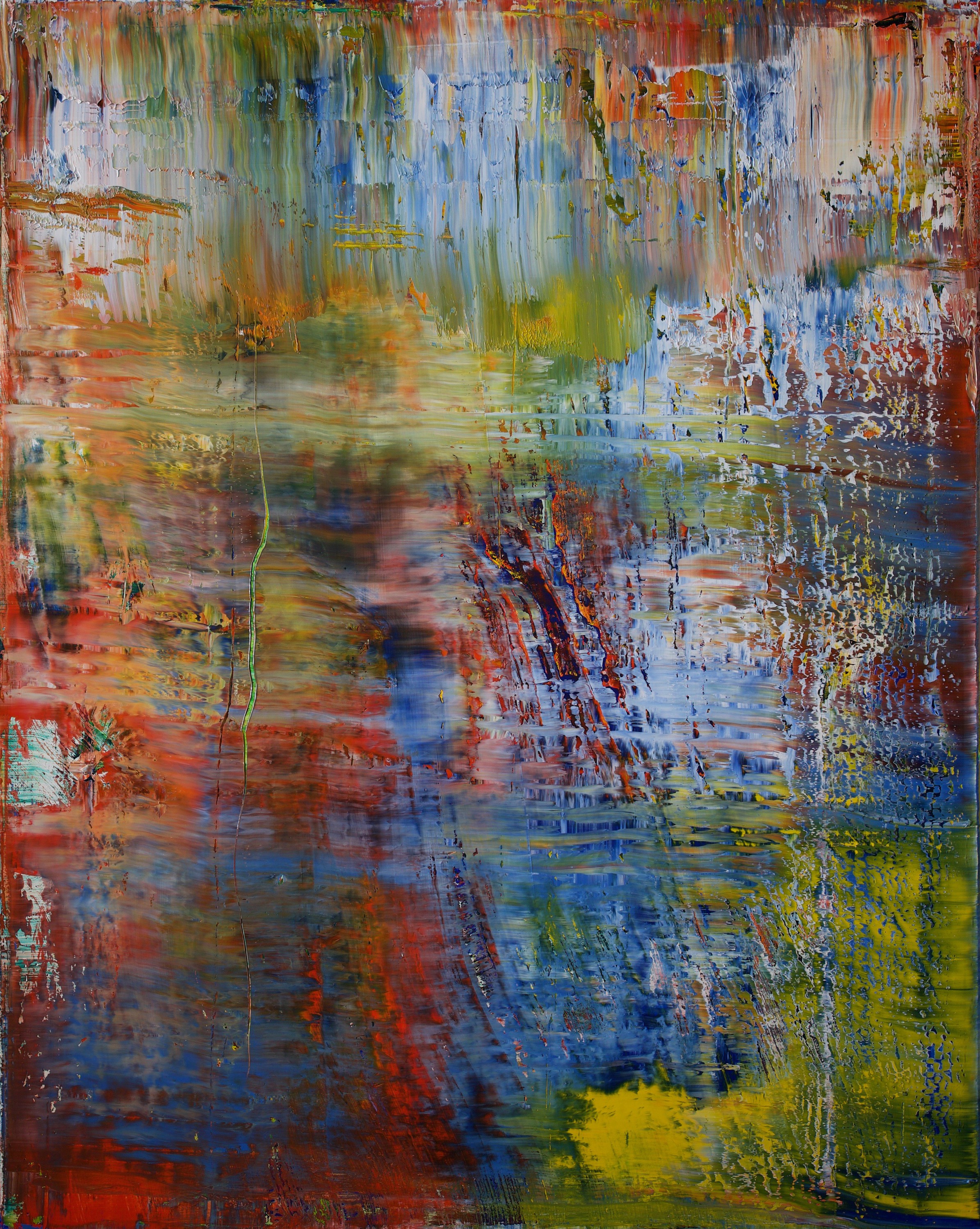 A painting of a colorful abstract painting on a wall.