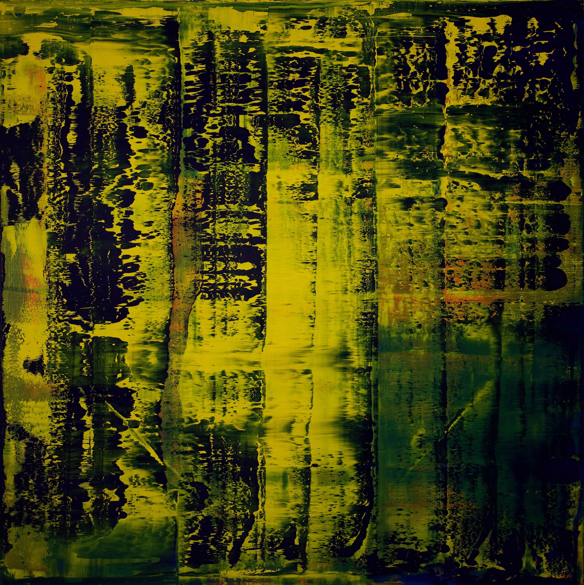 A painting of a green and yellow abstract painting.