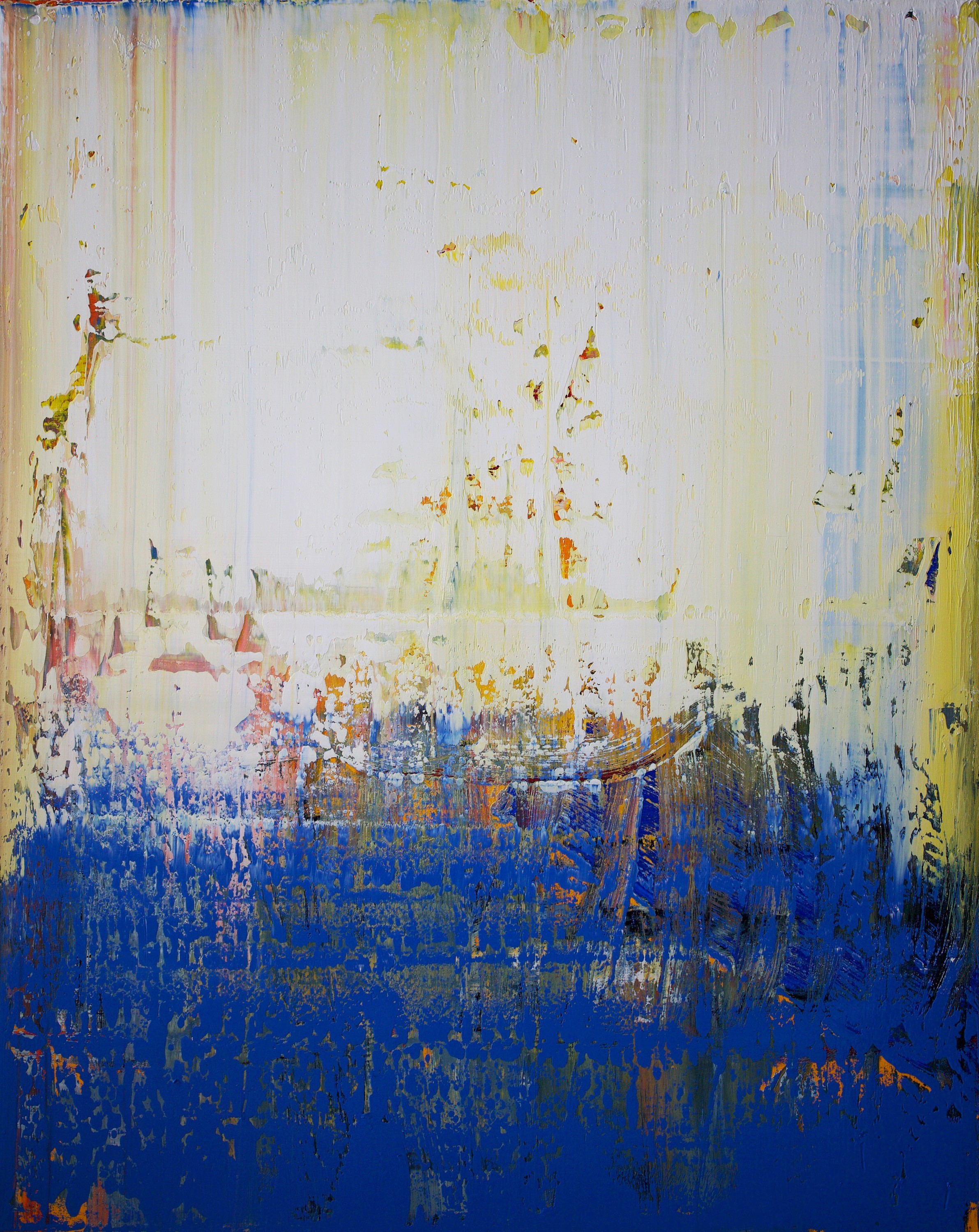 A painting of a blue and yellow abstract painting.