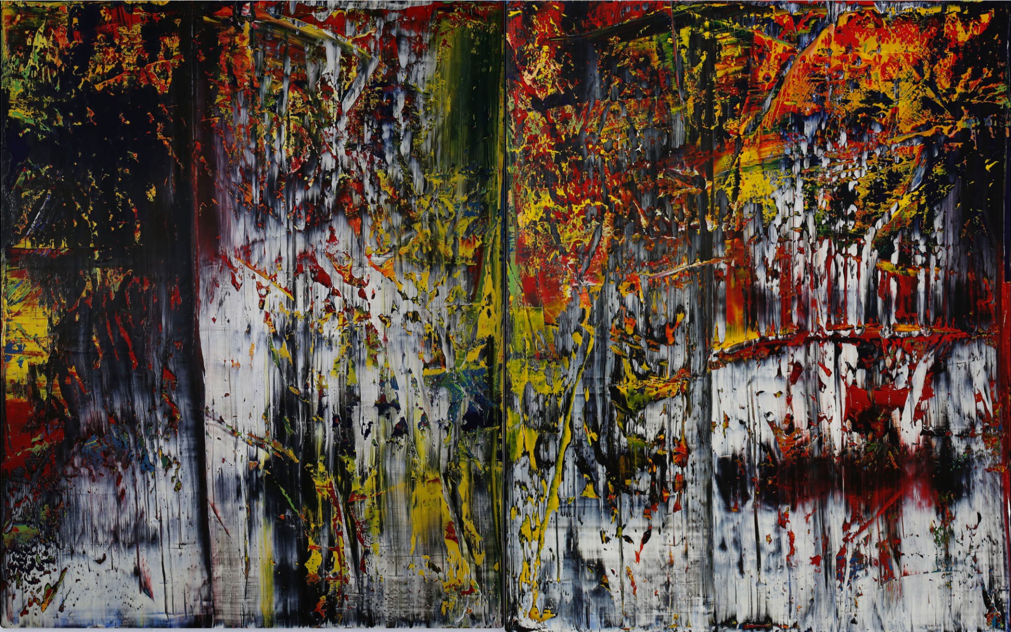A dynamic abstract composition featuring vertical streaks of white paint against a dark background, splashed with vibrant reds, yellows, and greens.