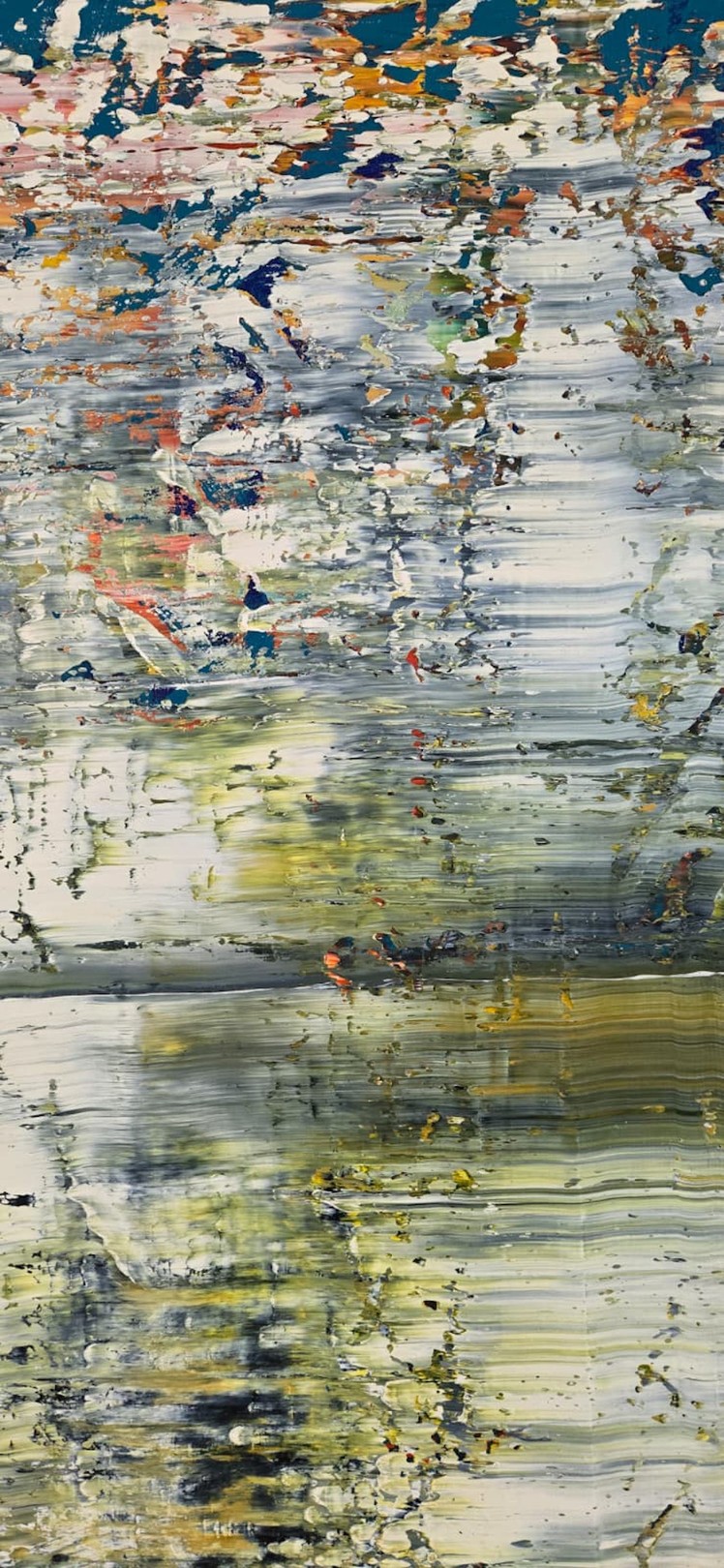 An abstract expressionist painting featuring a textured, layered composition of muted greens, whites, and splashes of vibrant color.