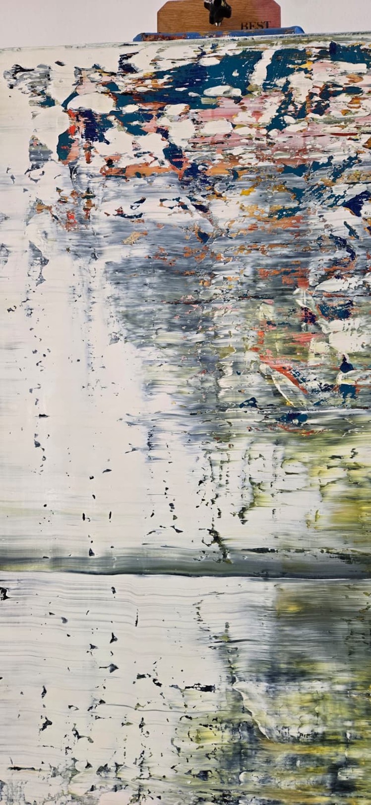 An abstract expressionist painting featuring a textured, layered composition of muted greens, whites, and splashes of vibrant color.