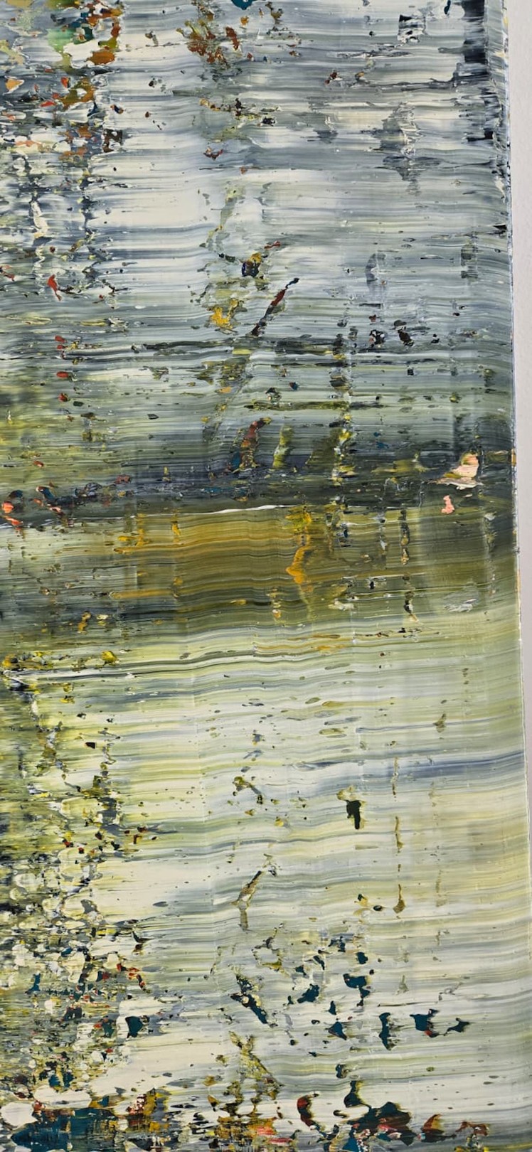 An abstract expressionist painting featuring a textured, layered composition of muted greens, whites, and splashes of vibrant color.