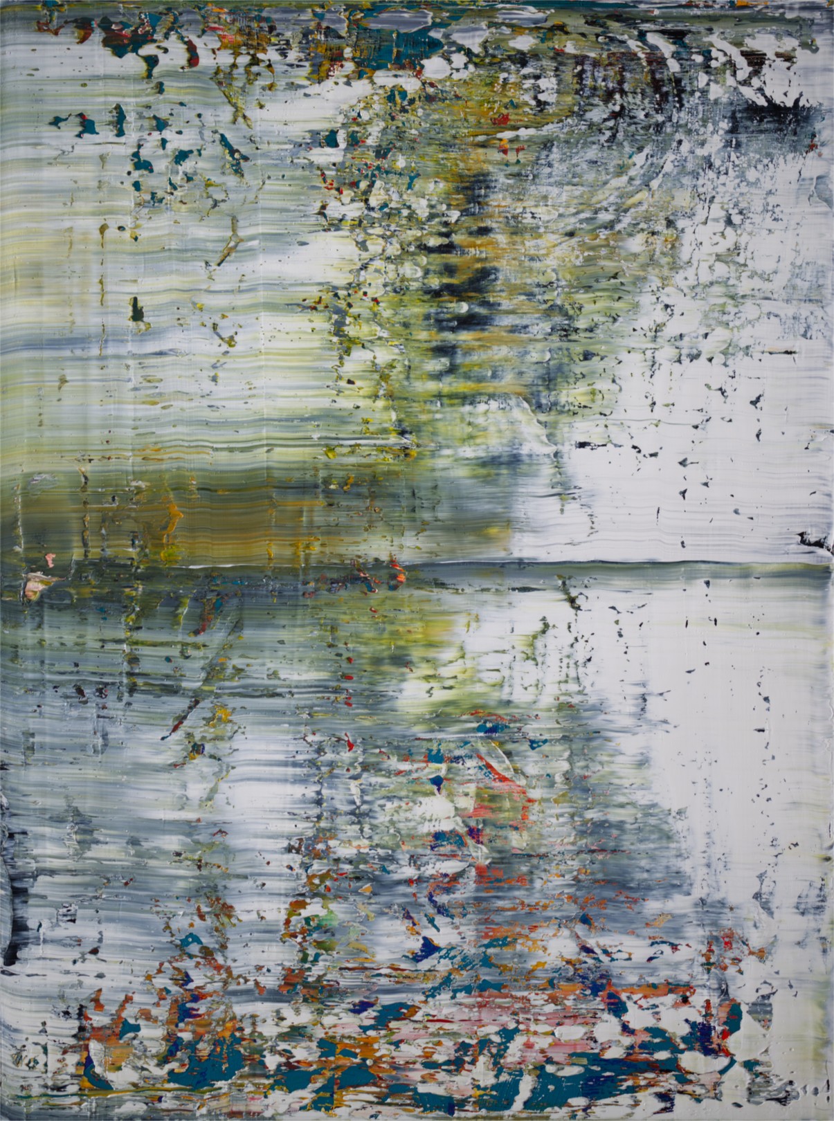 An abstract expressionist painting featuring a textured, layered composition of muted greens, whites, and splashes of vibrant color.