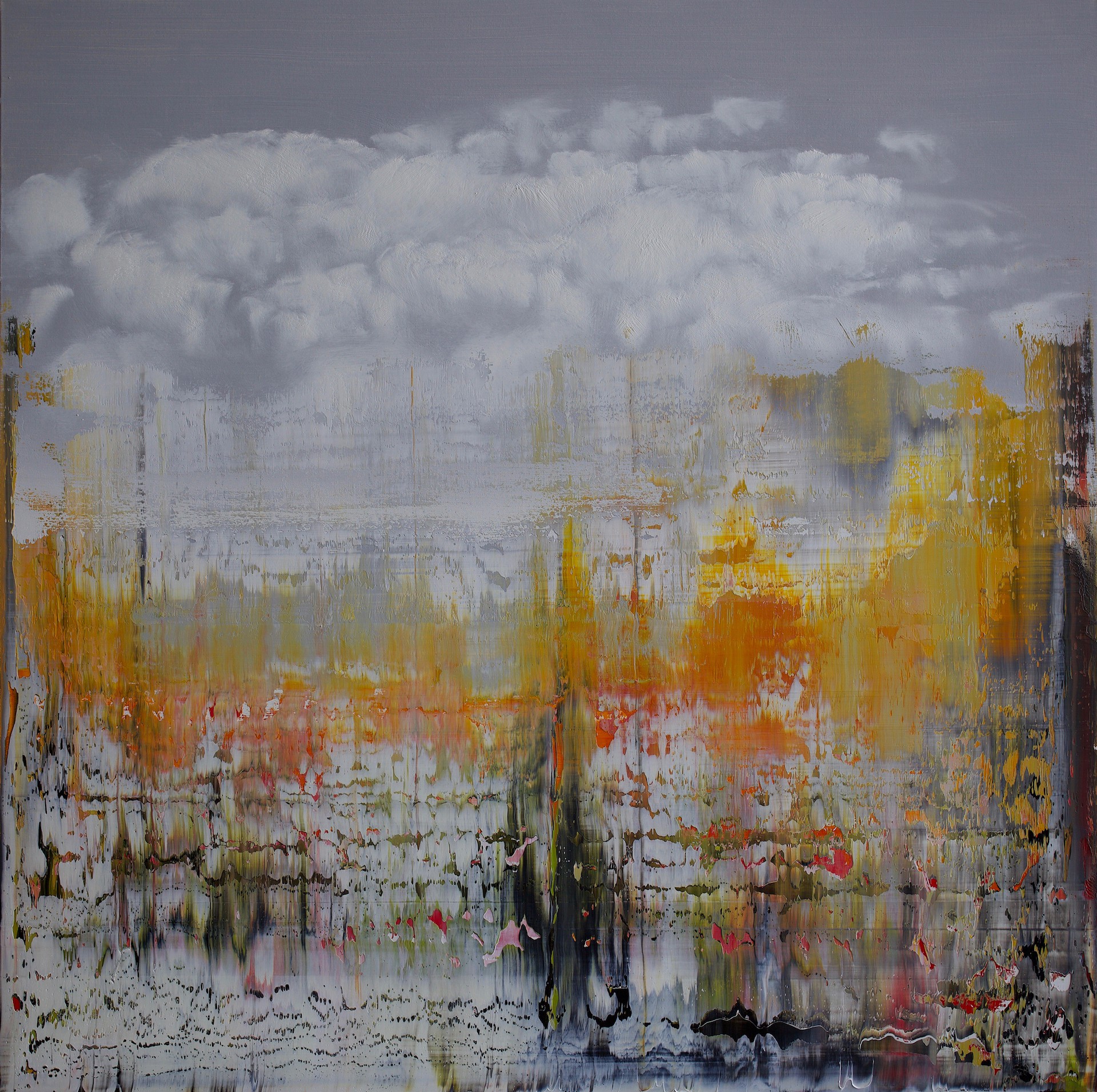 A painting of a cloudy sky over a body of water.