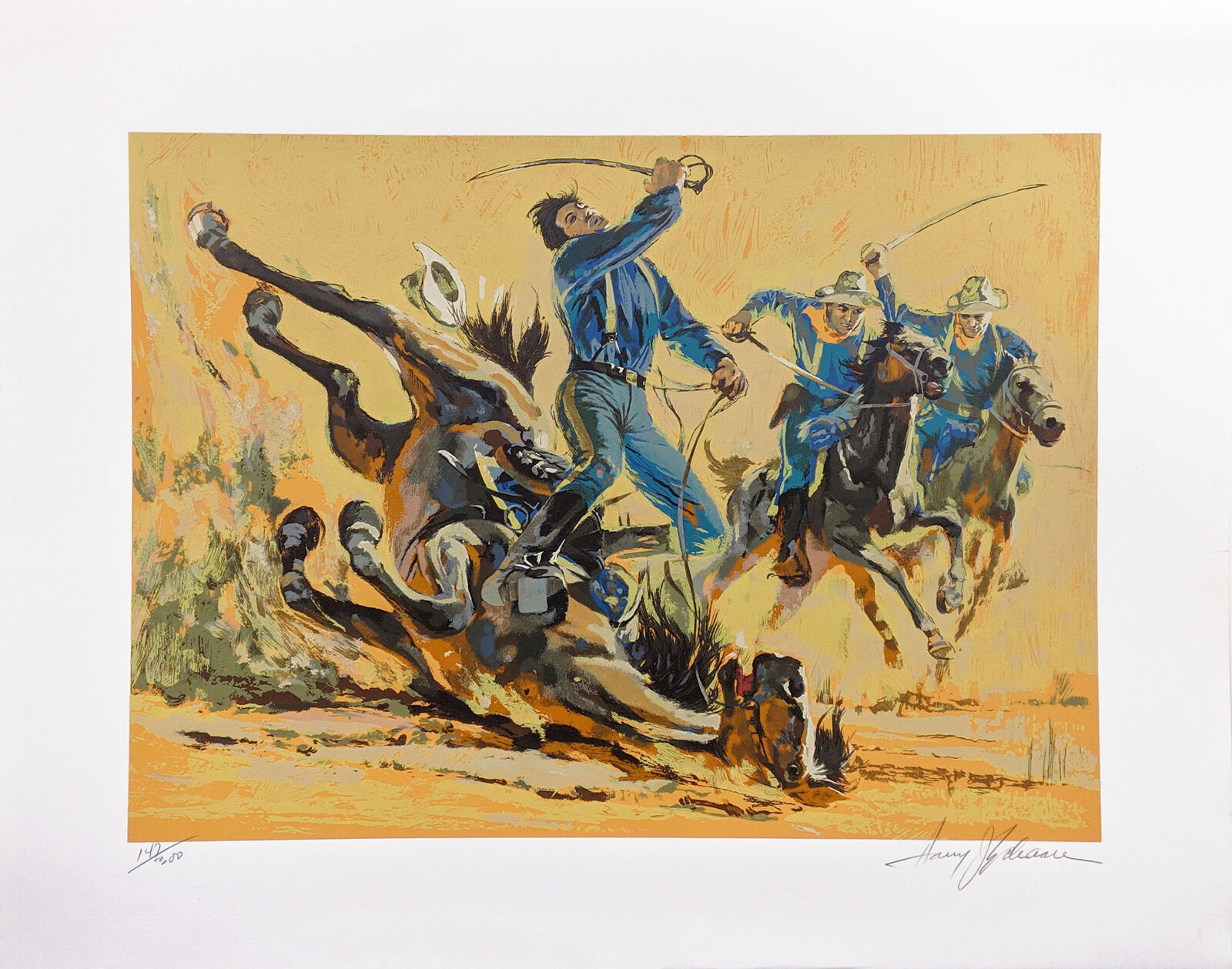 A painting of a cowboy riding a bucking bronco on a horse.