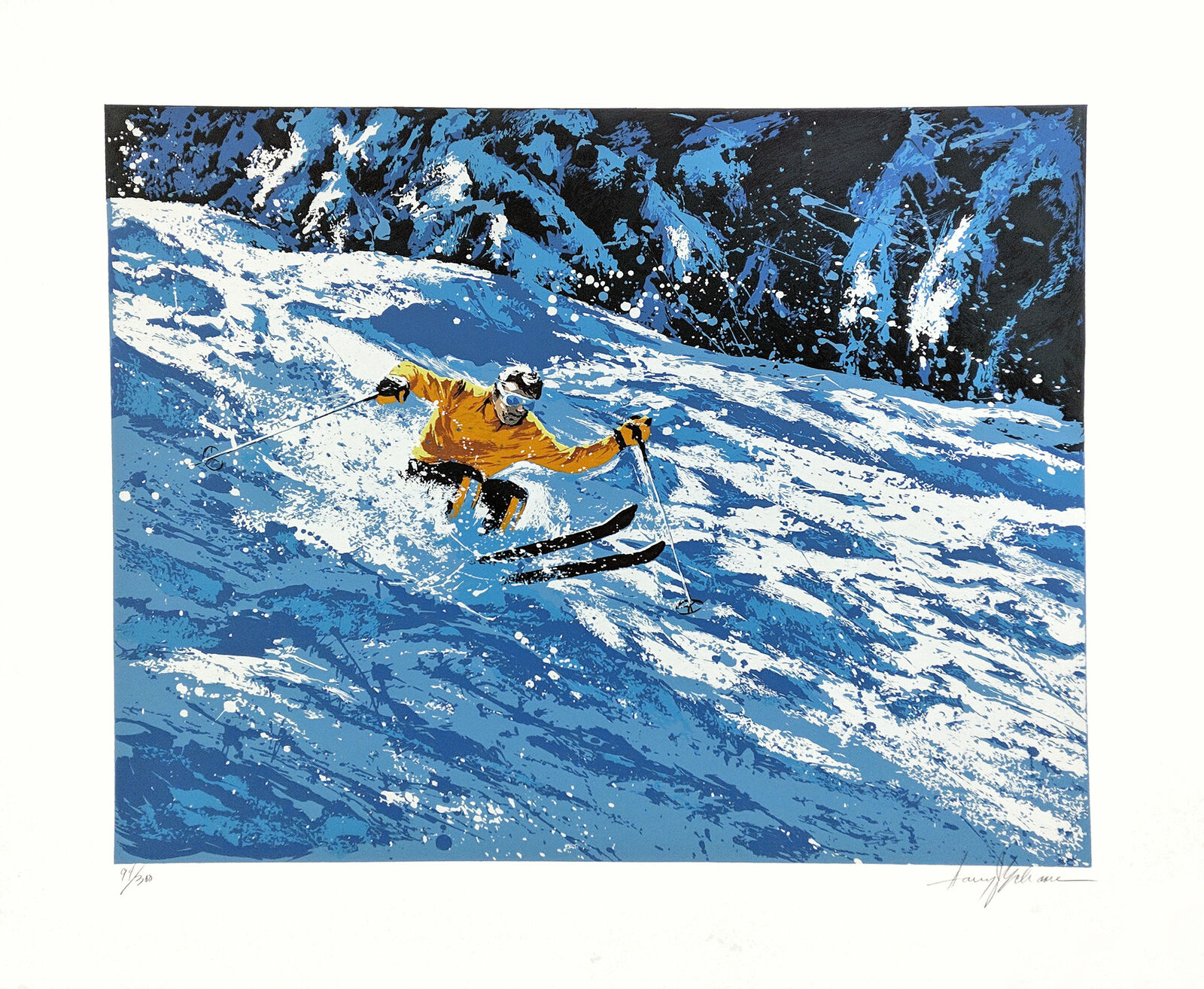 A painting of a skier going down a snowy mountain slope.