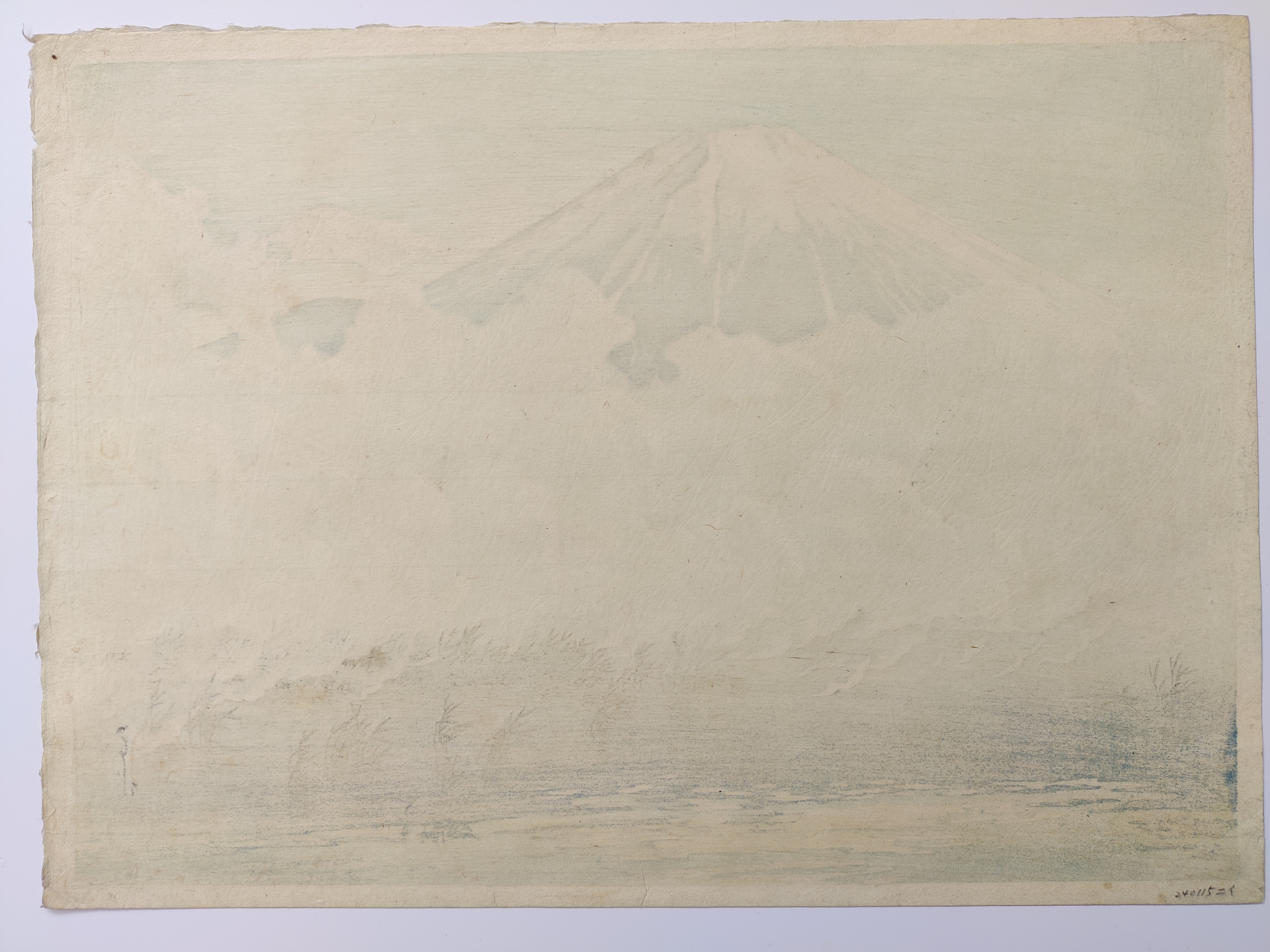 A painting of a mountain with clouds in the sky.