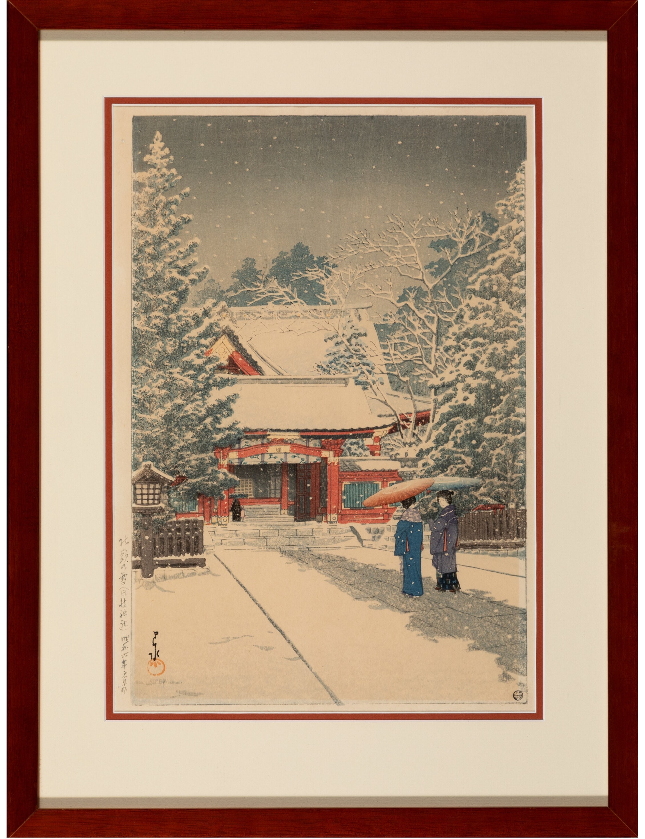 A serene winter scene featuring a traditional red shrine under falling snow, with two figures in traditional robes walking away.