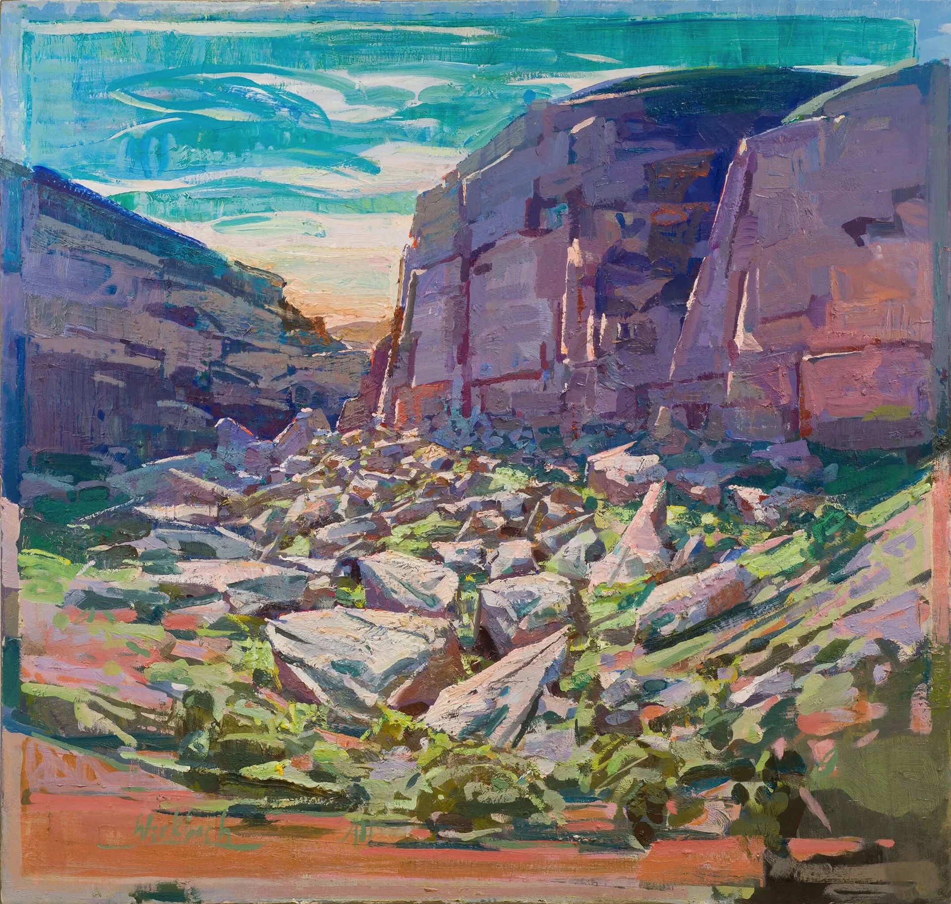 A painting of a rocky landscape with rocks in the foreground.