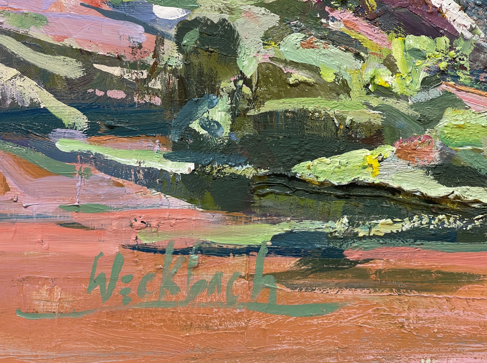 A painting of a rocky landscape with rocks in the foreground.