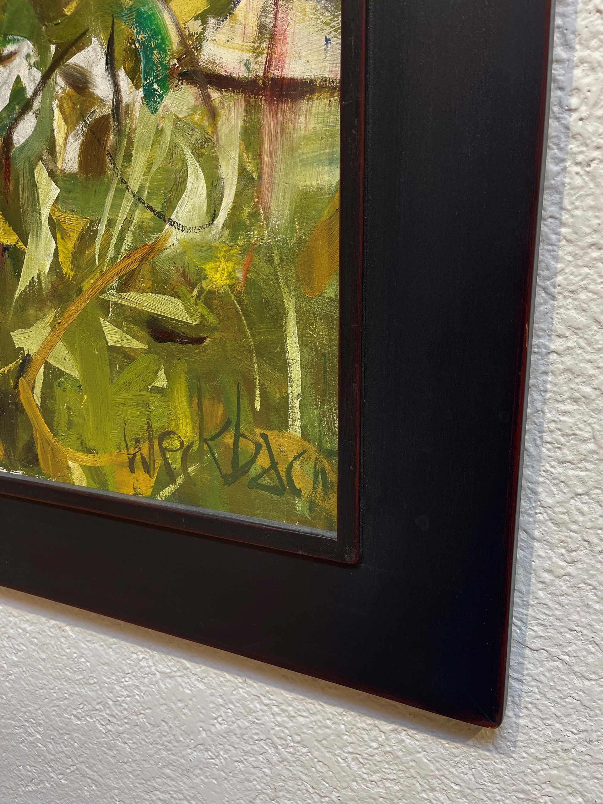 A painting of a forest with trees in the background.