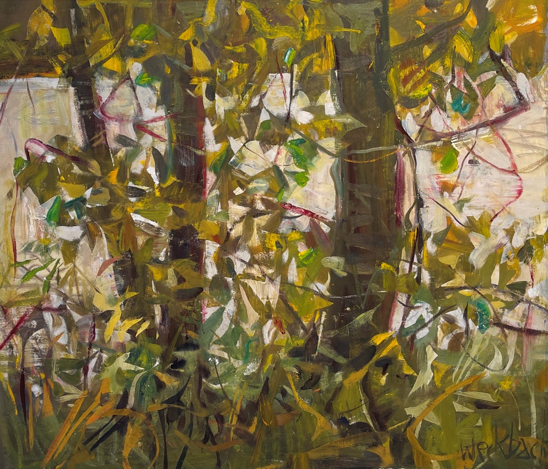 A painting of a forest with trees in the background.
