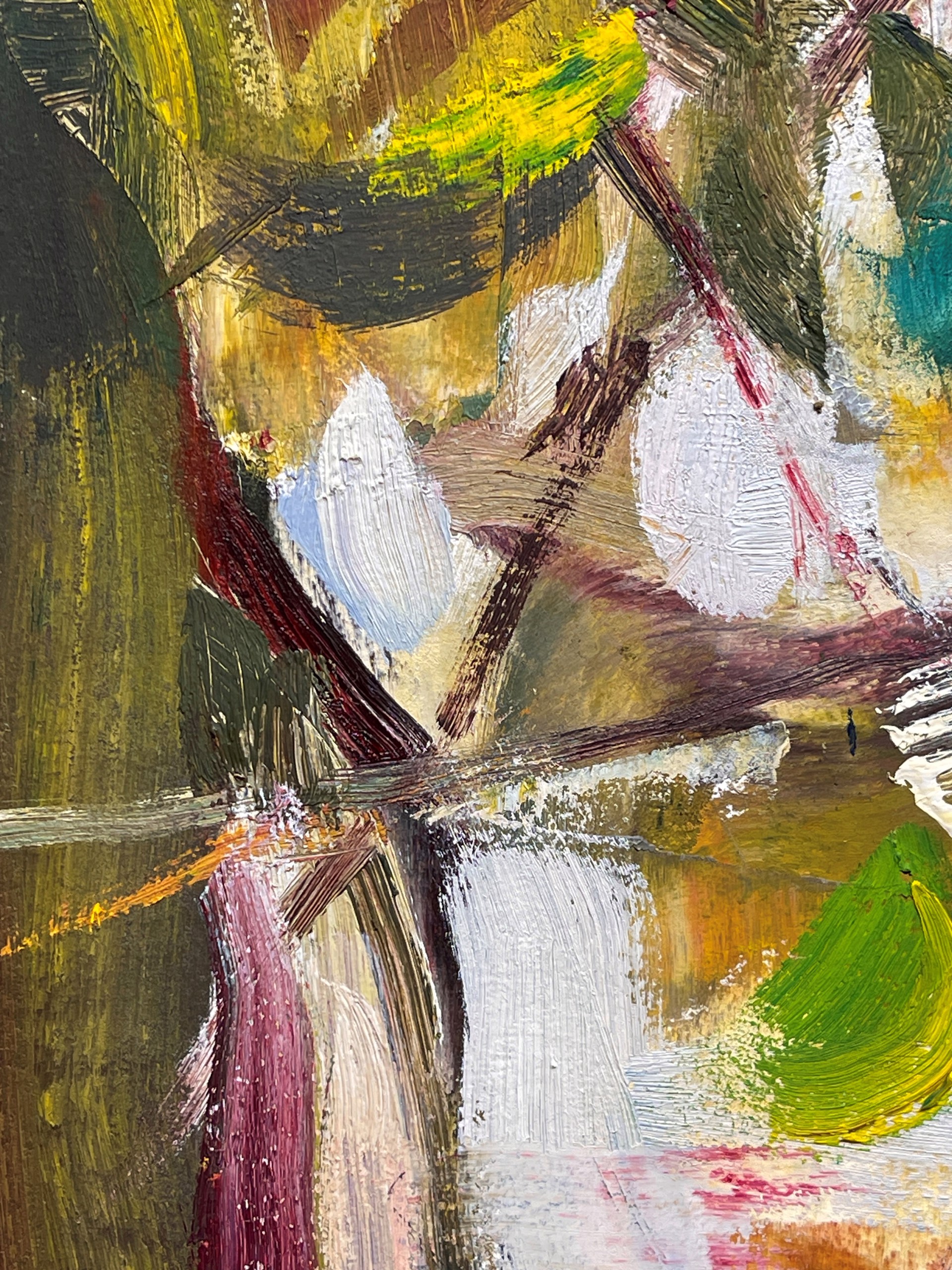 A painting of a forest with trees in the background.