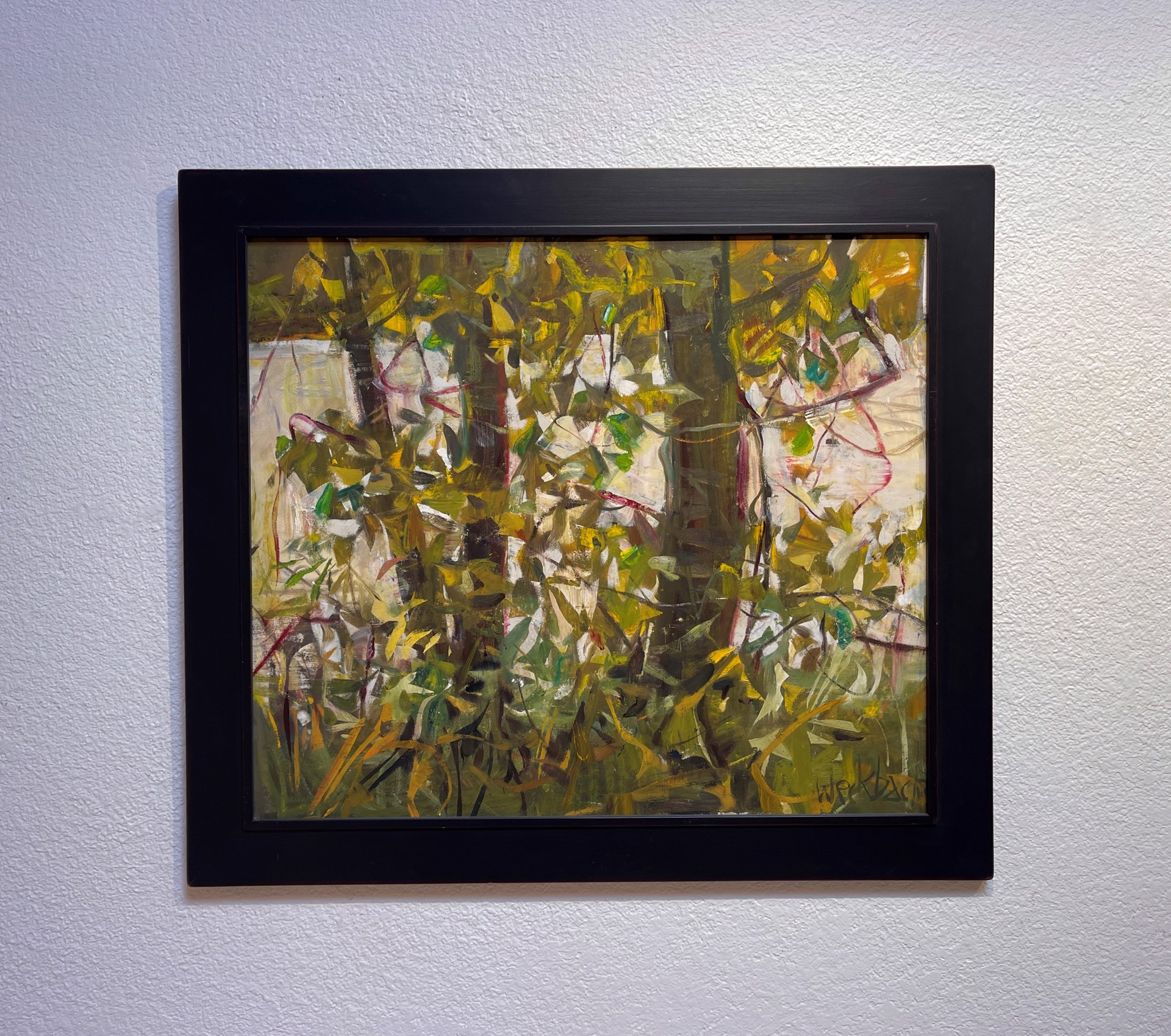 A painting of a forest with trees in the background.