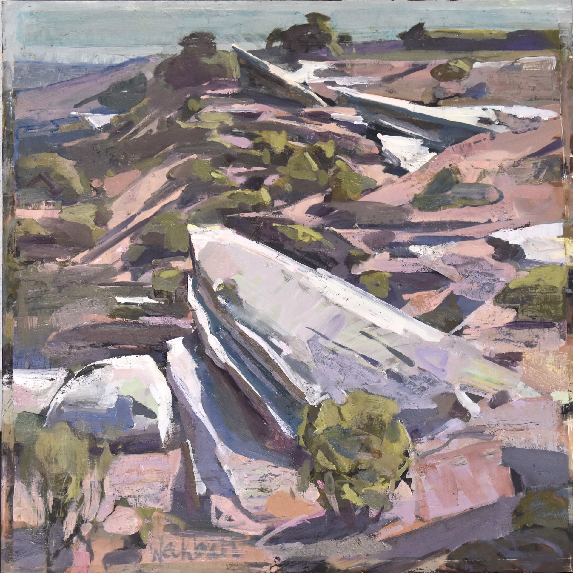 A painting of a boat sitting on top of a rocky hillside.
