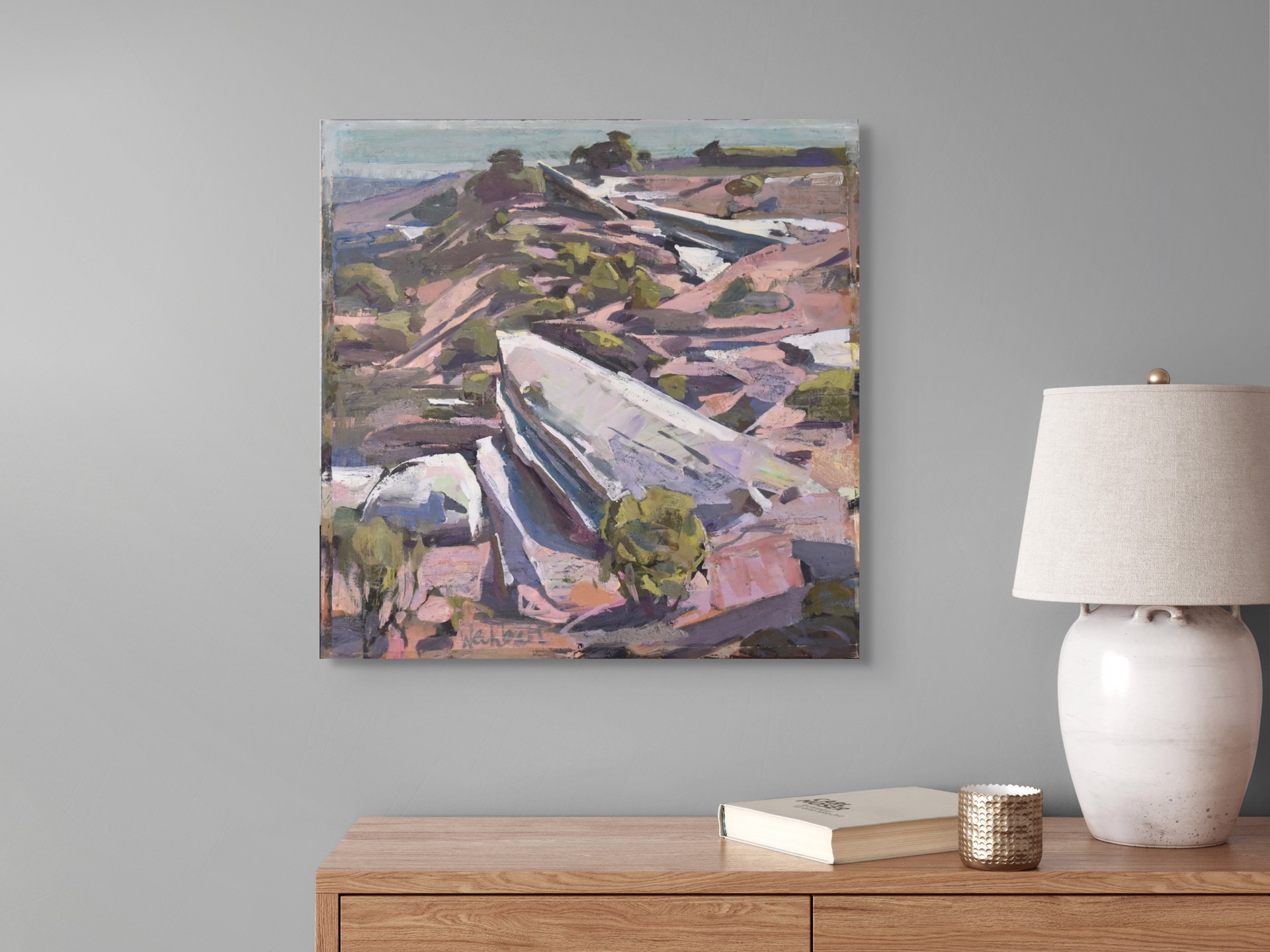 A painting of a boat sitting on top of a rocky hillside.