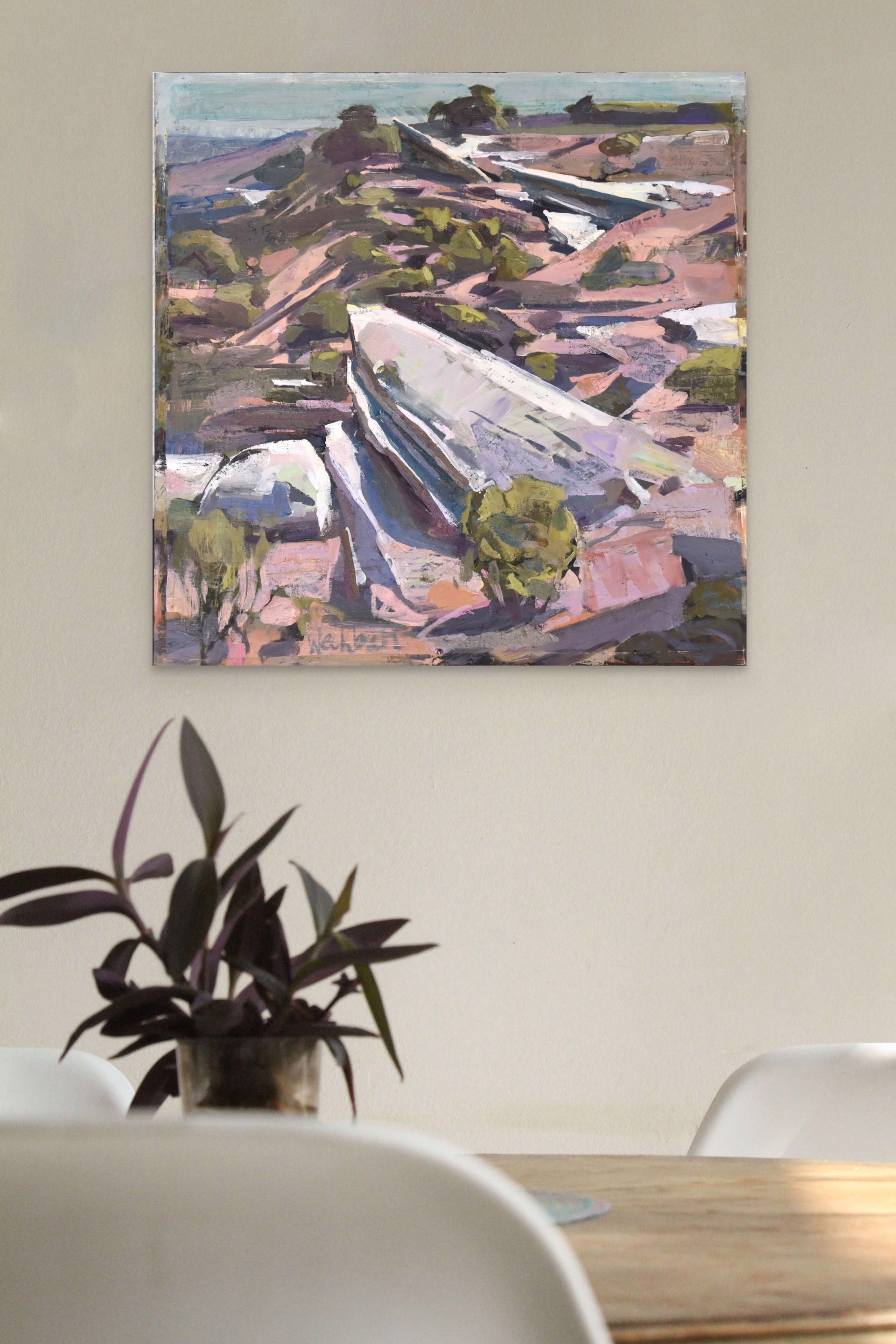 A painting of a boat sitting on top of a rocky hillside.
