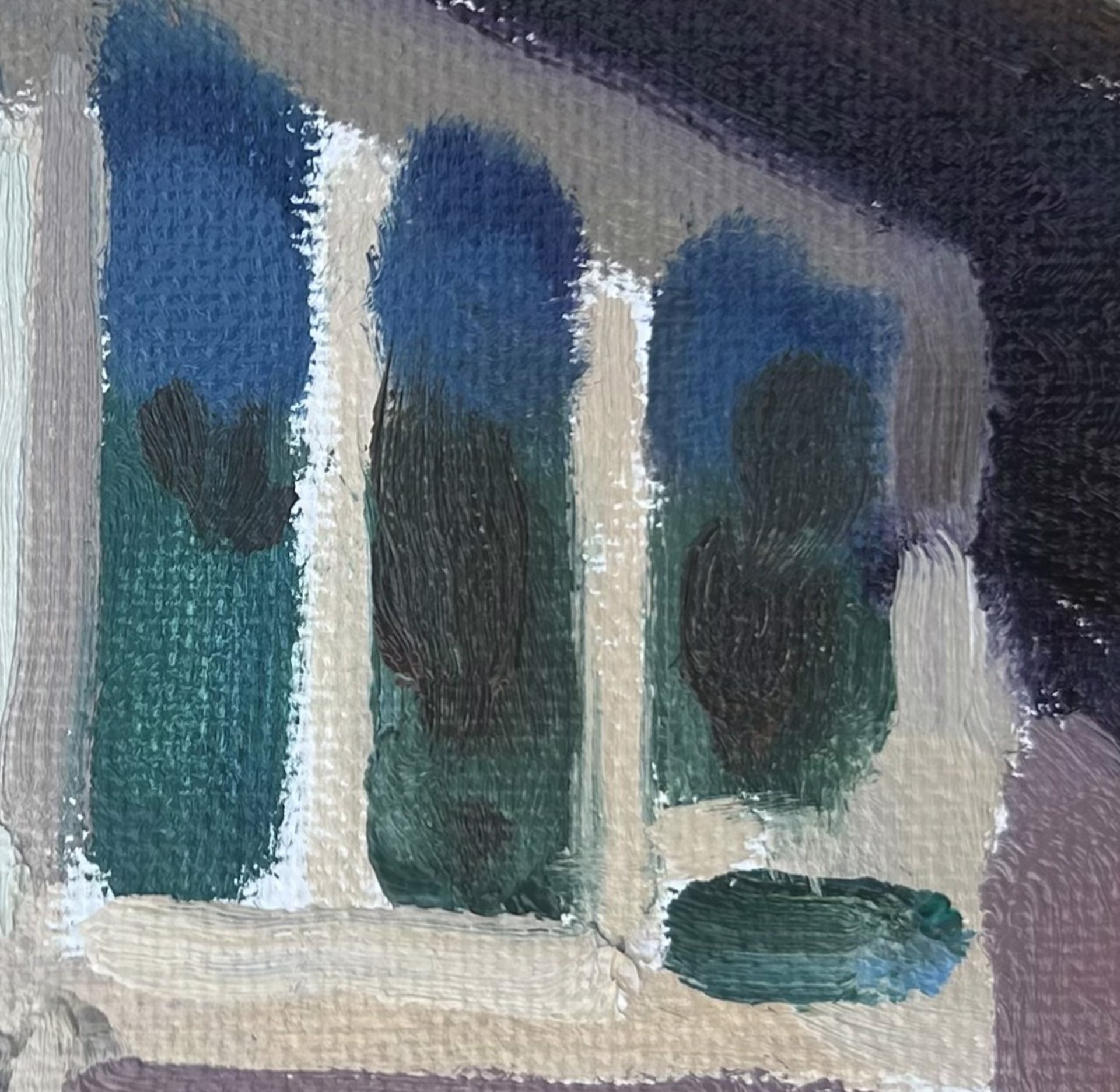 A painting of a house with a white roof and blue windows.