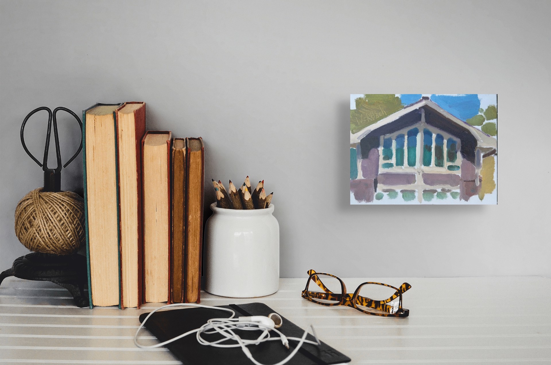 A painting of a house with a white roof and blue windows.
