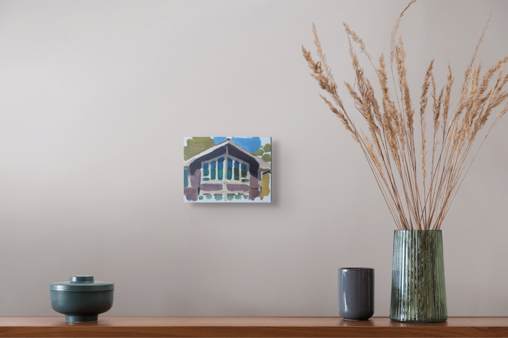 A painting of a house with a white roof and blue windows.