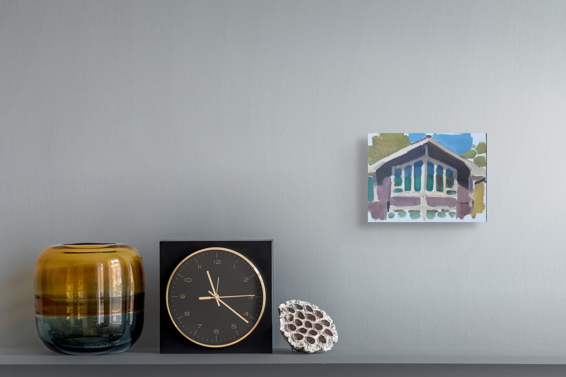 A painting of a house with a white roof and blue windows.