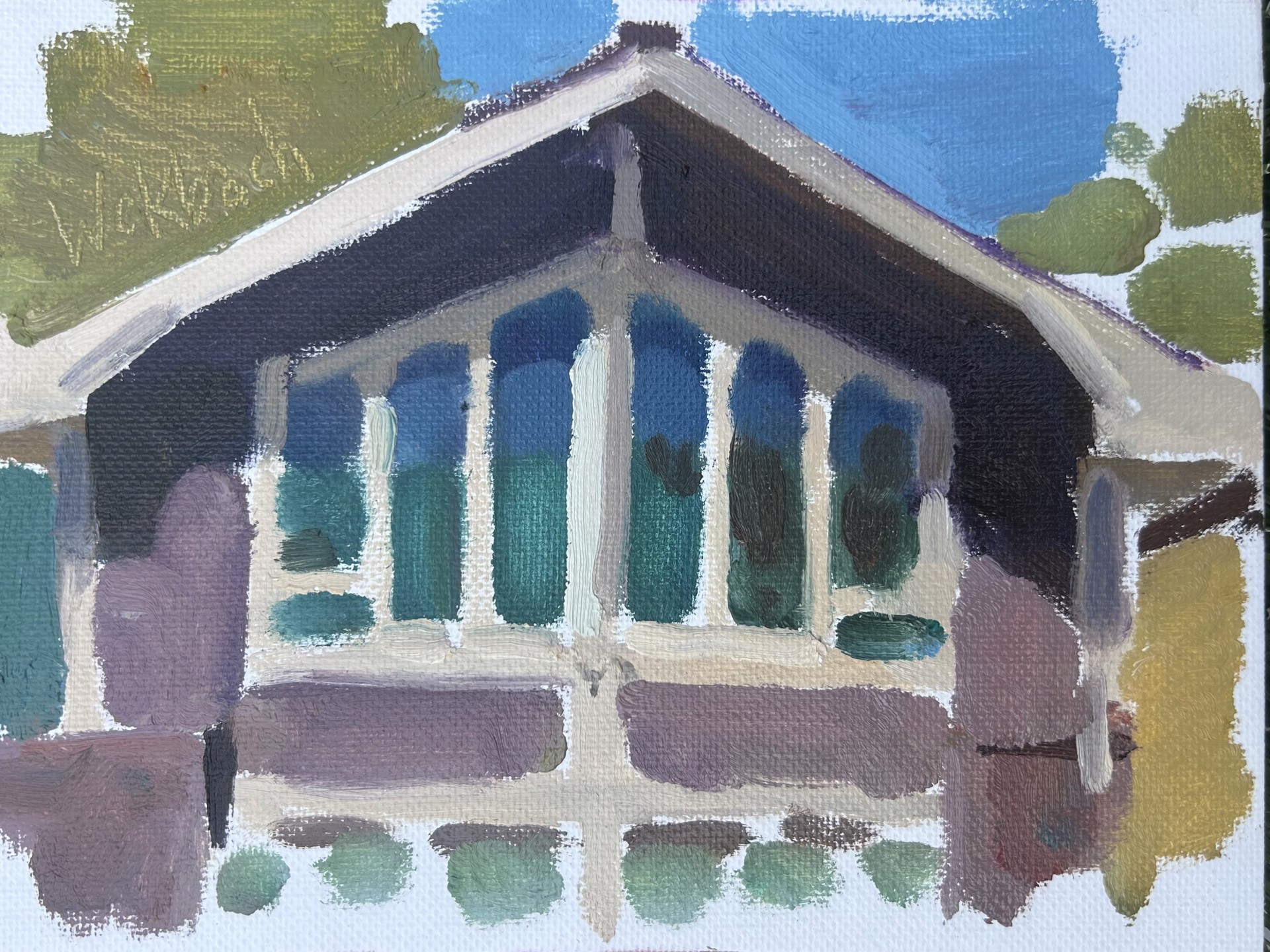 A painting of a house with a white roof and blue windows.