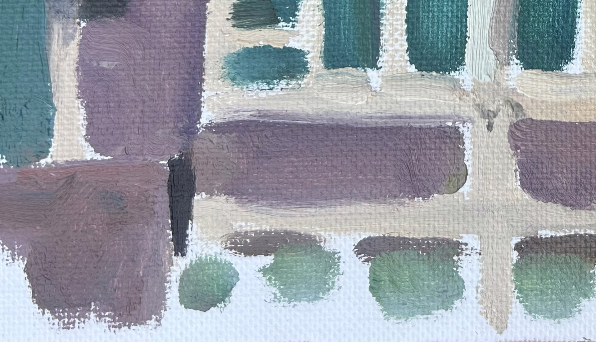 A painting of a house with a white roof and blue windows.