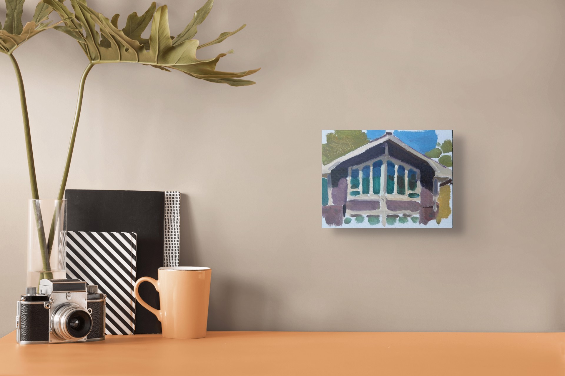 A painting of a house with a white roof and blue windows.