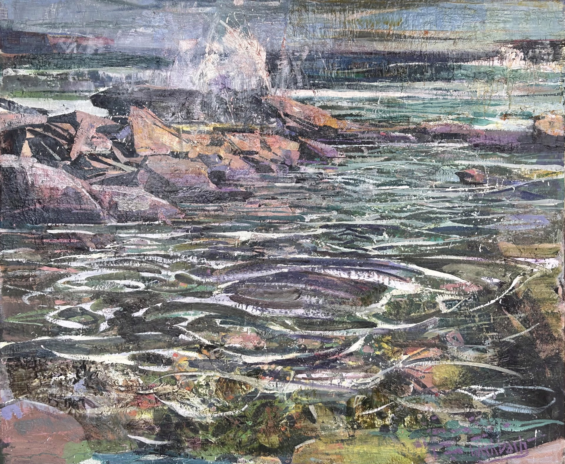 A painting of a rocky shoreline with a waterfall in the background.