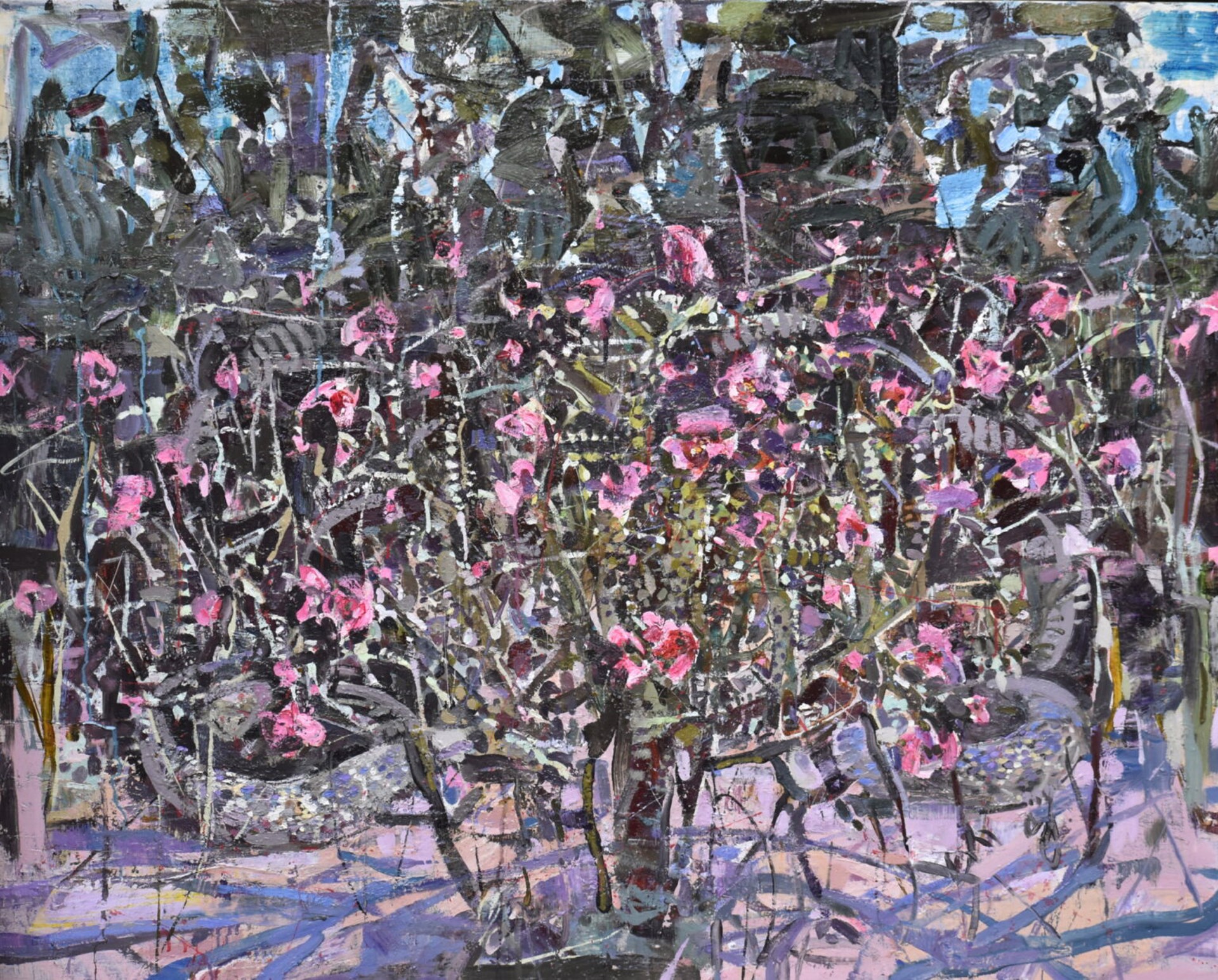 A painting of pink flowers in a vase on a table.