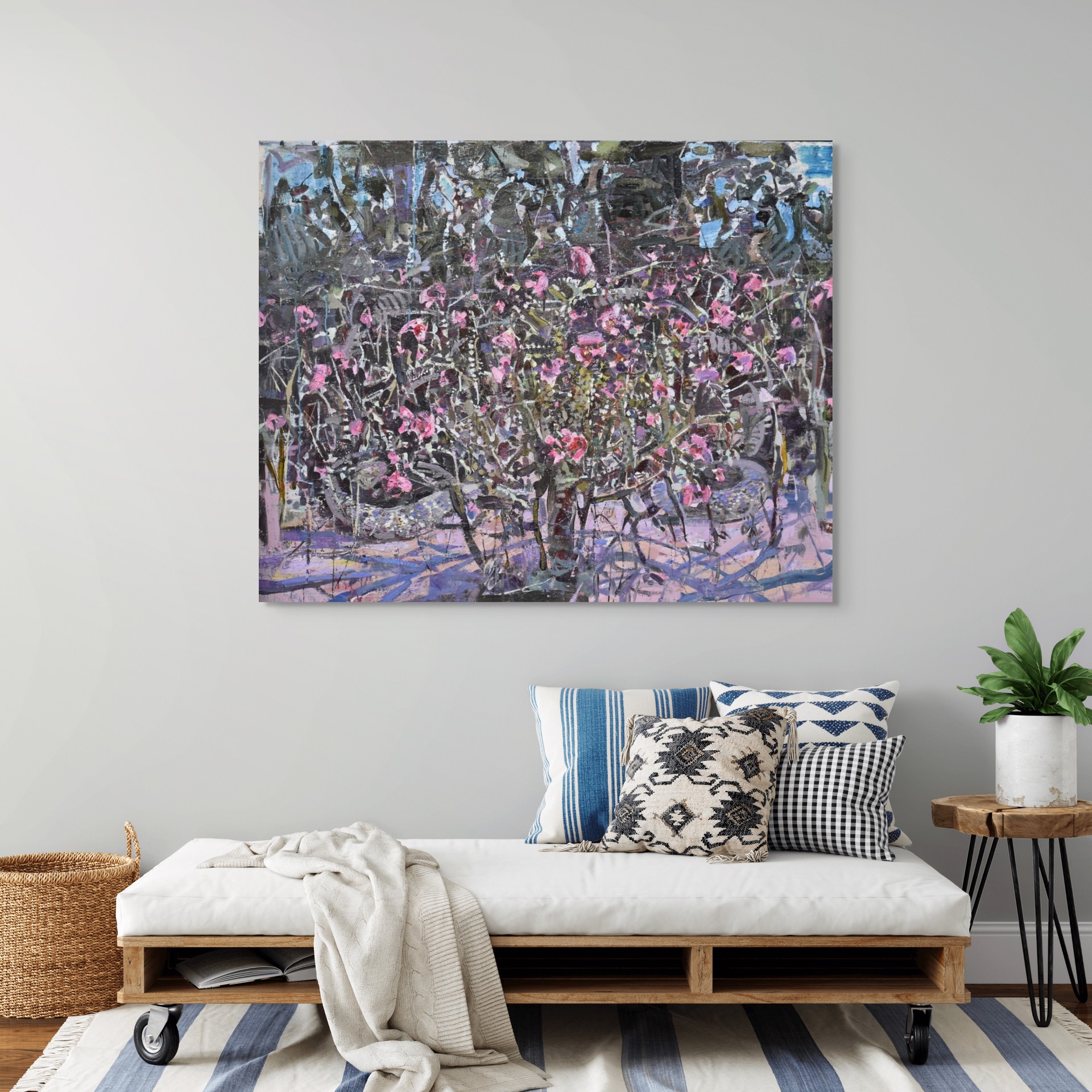 A painting of pink flowers in a vase on a table.
