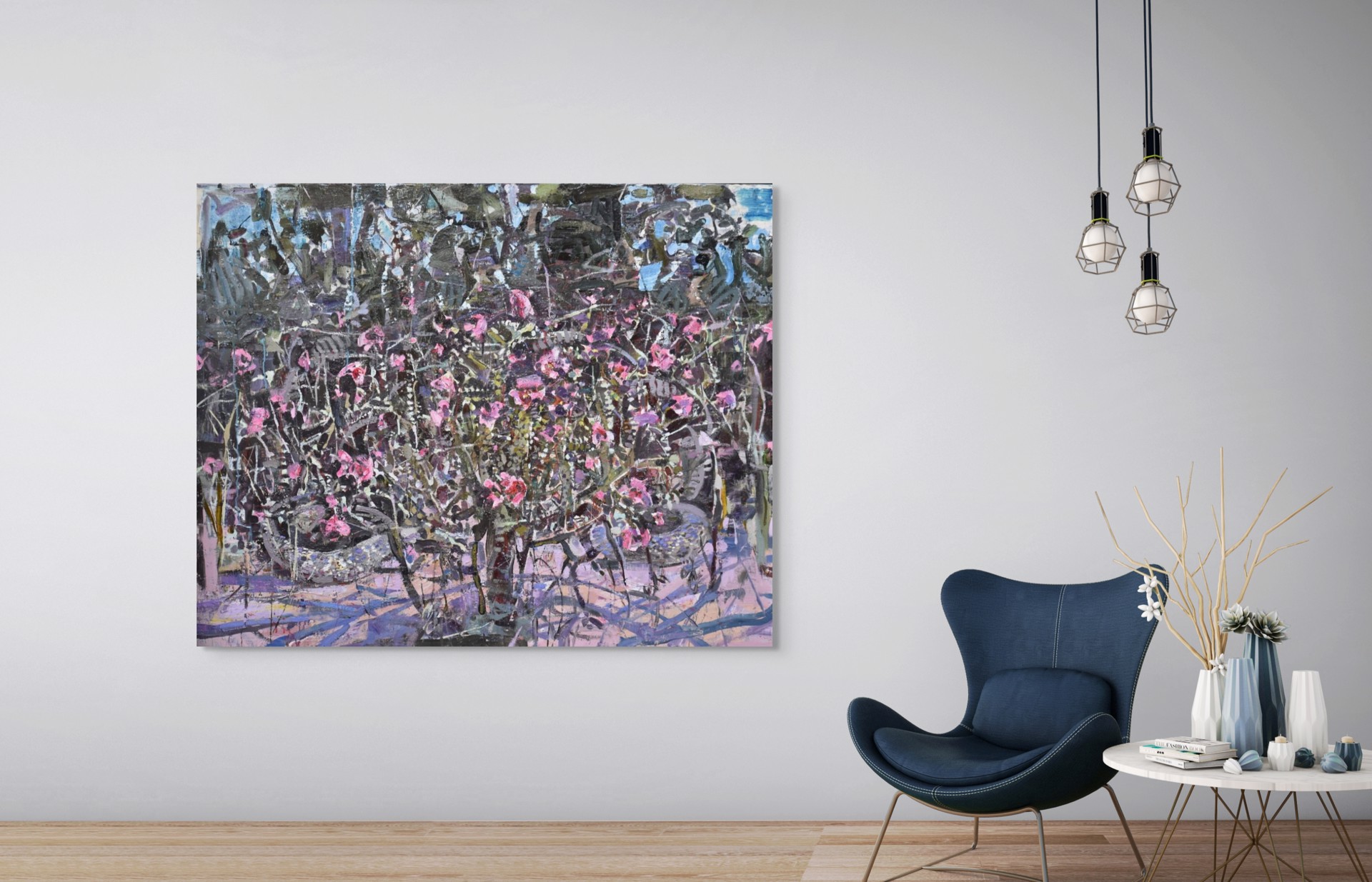 A painting of pink flowers in a vase on a table.